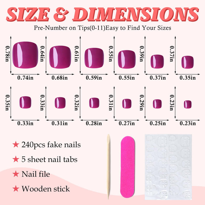 LuckForever 168pc Press on Toenails Women Fake Toe Nails with Adhesive Tabs, Magenta Fake Toenails Press on Nails Toe Acrylic Nail Tips Short Square False Toenail Artificial Toe Nails Press ons