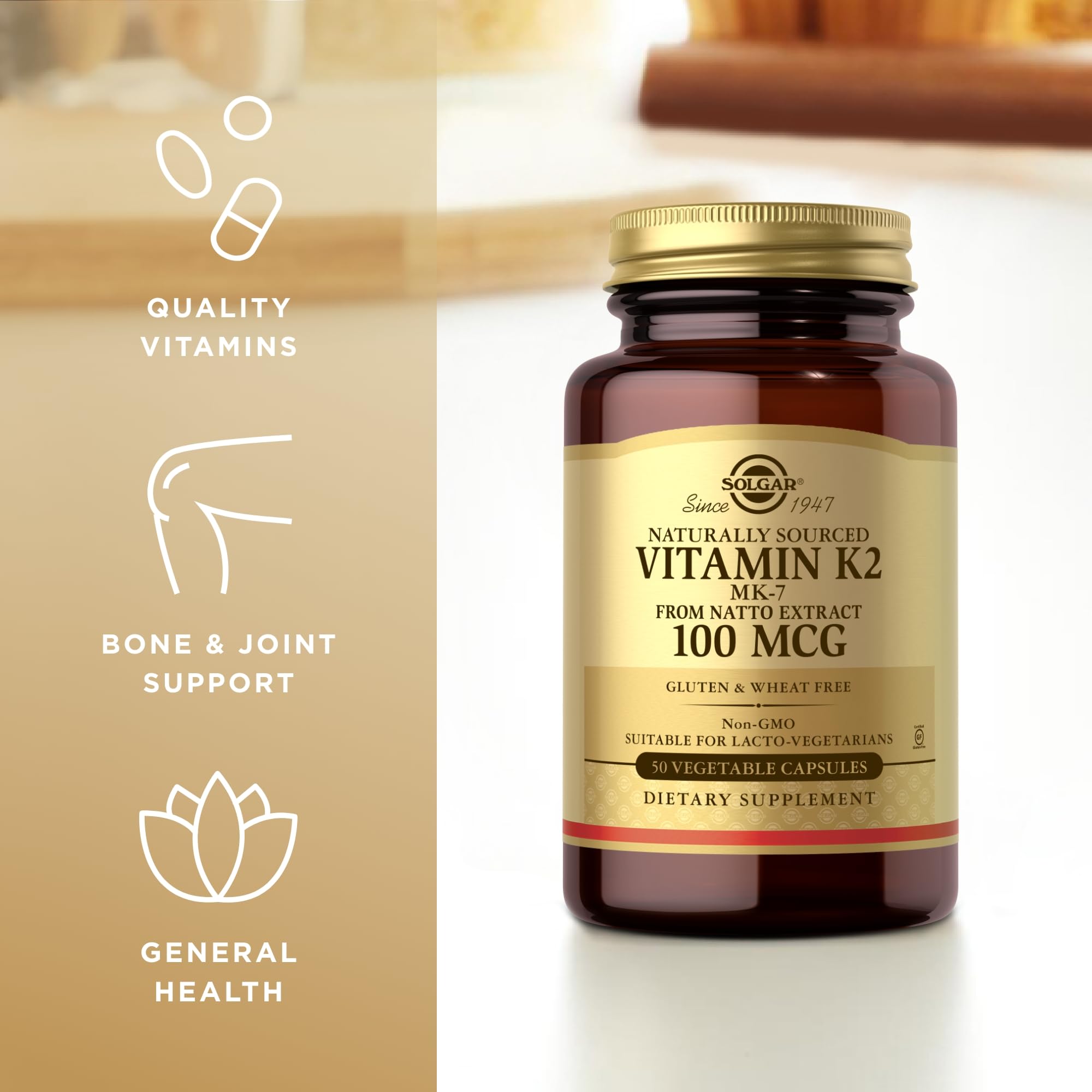 Solgar Naturally Sourced Vitamin K2 (MK-7) 100 mcg - 50 Vegetable Capsules, Pack of 4 - Supports Bone Health - Whole Food Source from Natto Extract - Non-GMO, Gluten Free - 200 Total Servings