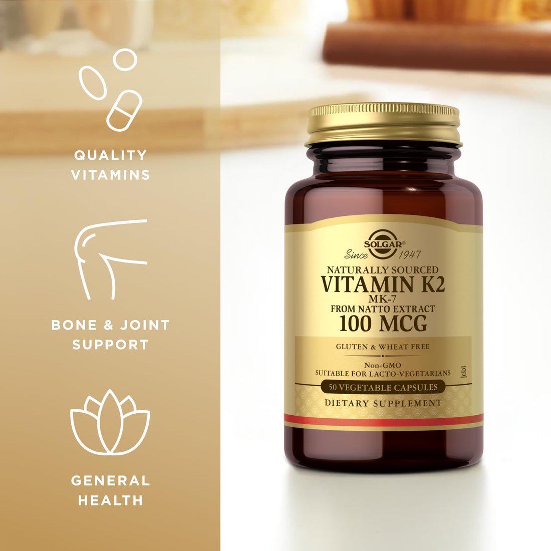Solgar Naturally Sourced Vitamin K2 (MK-7) 100 mcg - 50 Vegetable Capsules, Pack of 4 - Supports Bone Health - Whole Food Source from Natto Extract - Non-GMO, Gluten Free - 200 Total Servings