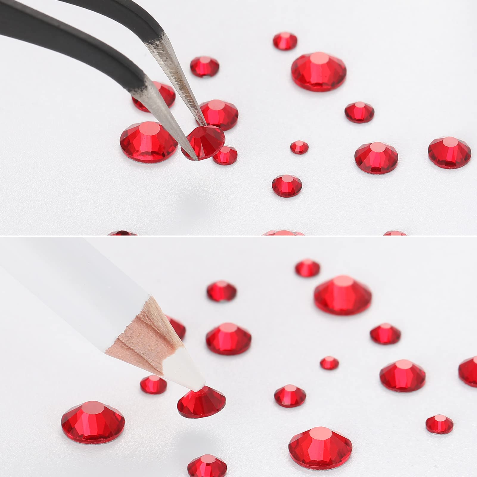 Beadsland 2500pcs Red Rhinestones, Flatback Gems Round Red Crystal Rhinestones for Crafts Mixed 8 Sizes SS4~SS30 with Picking Tweezer and Pen (Siam)
