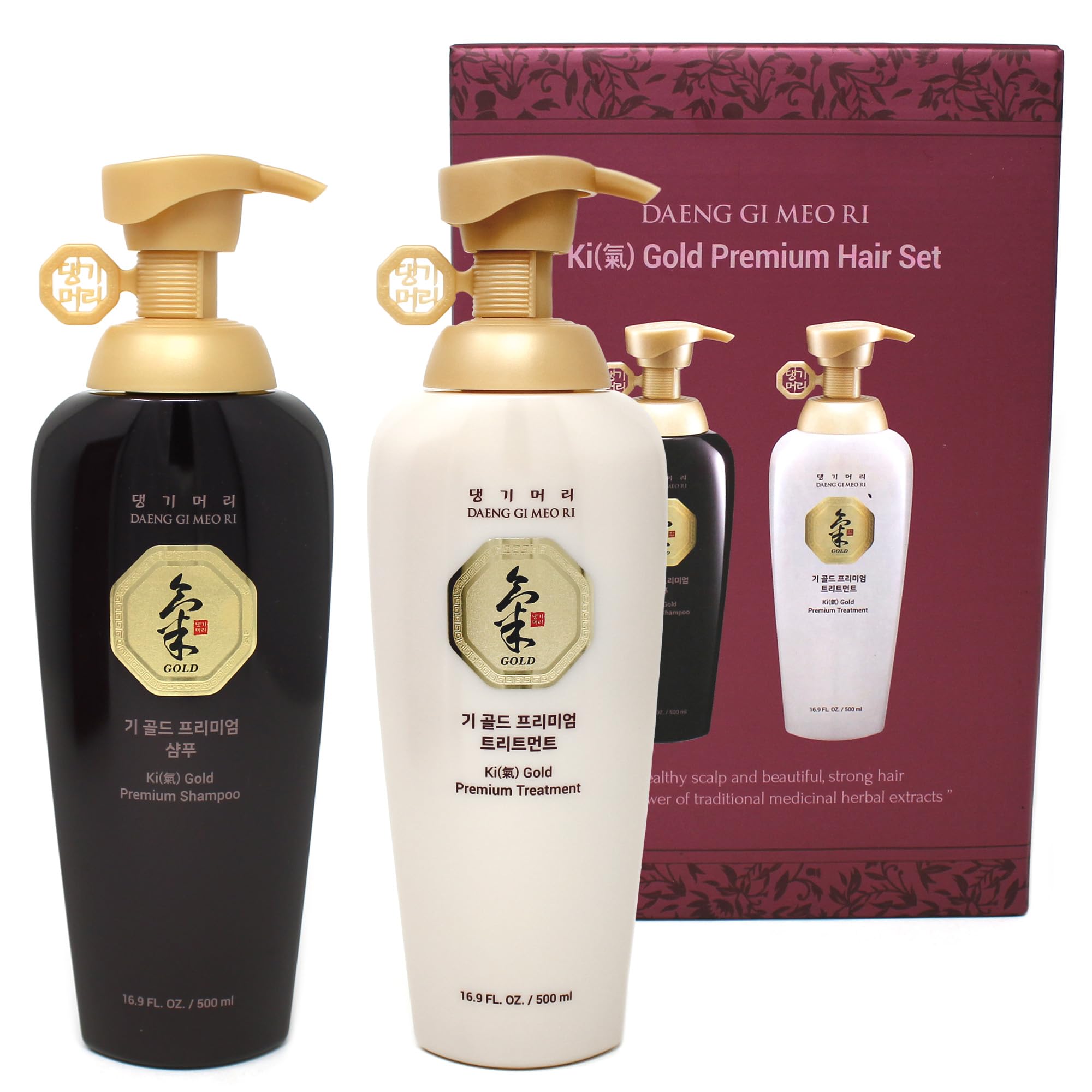 Daeng Gi Meo Ri Ki Gold Premium Shampoo and Treatment Set (500ml) - Herbal K-Beauty Moisturizing and Hydrating Hair Care for Dry and Damaged Hair.