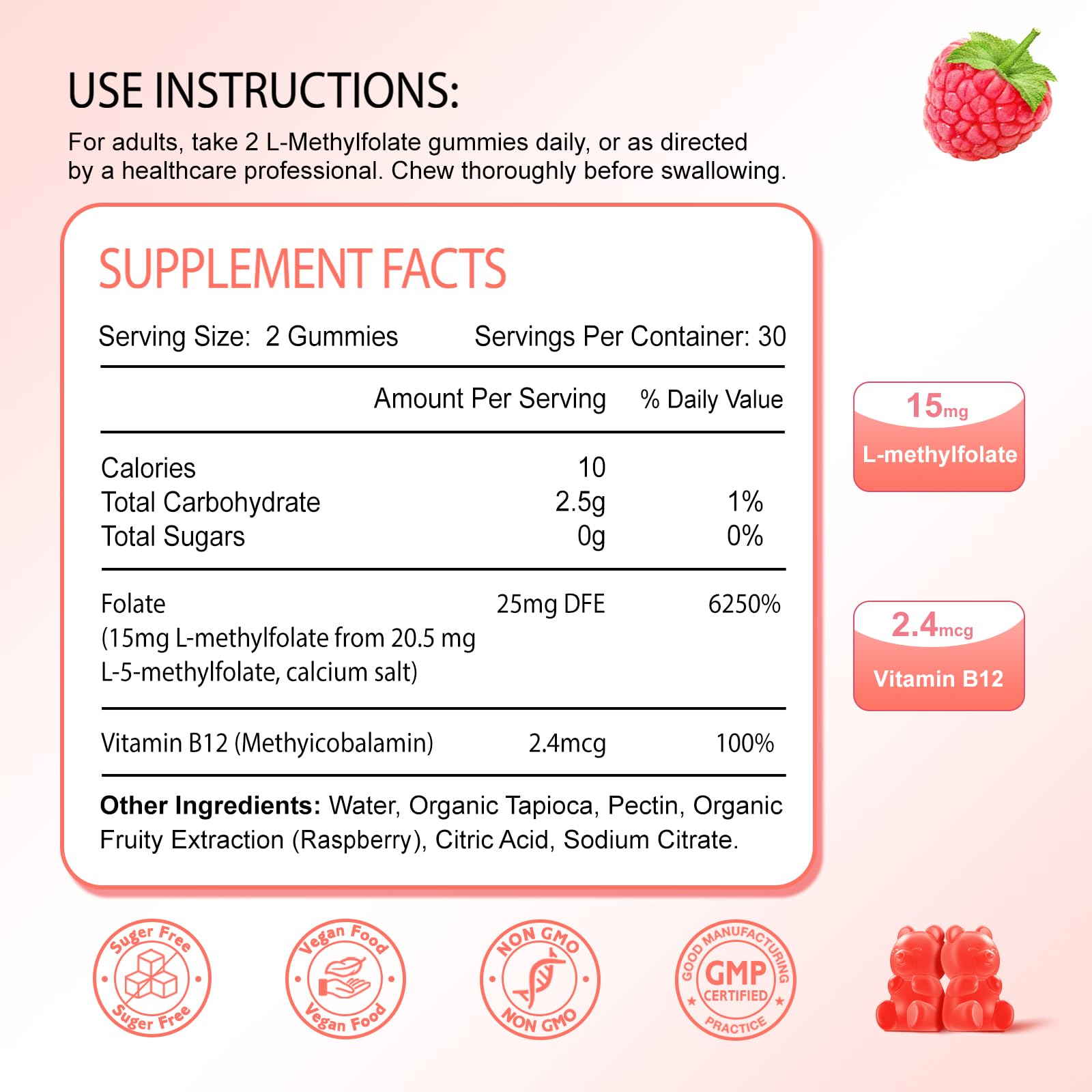 Zetelixia 2 Pack L-Methylfolate 15mg Gummies, Methylated Multivitamin with Methylated B12, Active 5-MTHF Form, Supports MTHFR Mutation, Methylation, Mood & Cognition, Vegan, Raspberry Flavor, 120 Cts