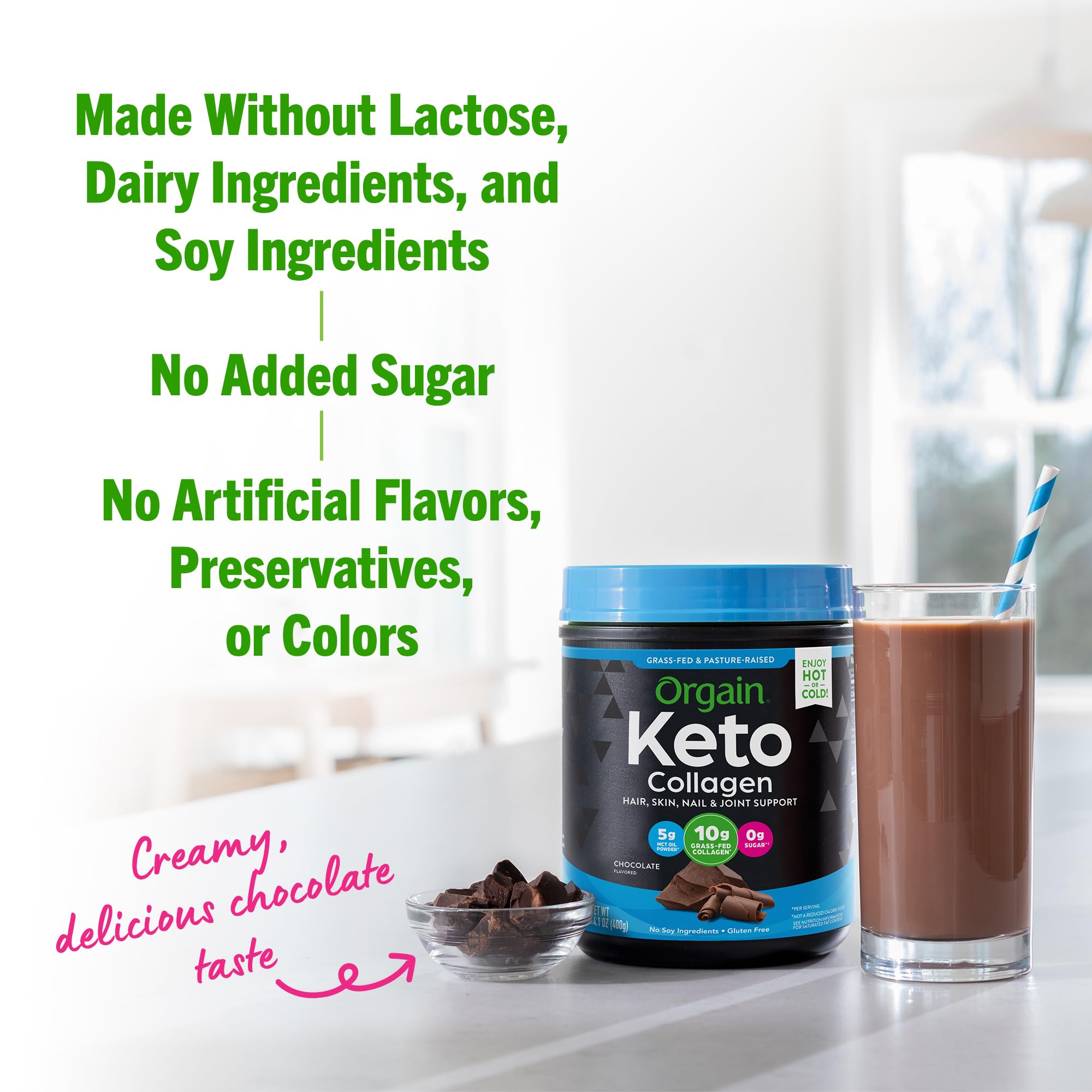 Orgain Keto Collagen Protein Powder, Chocolate - 10g Grass Fed Hydrolyzed Collagen Peptides for Women & Men, Type I & III, 5g MCT Oil - Hair, Skin, Nail, & Joint Support, Non-GMO, Gluten Free - 0.88lb