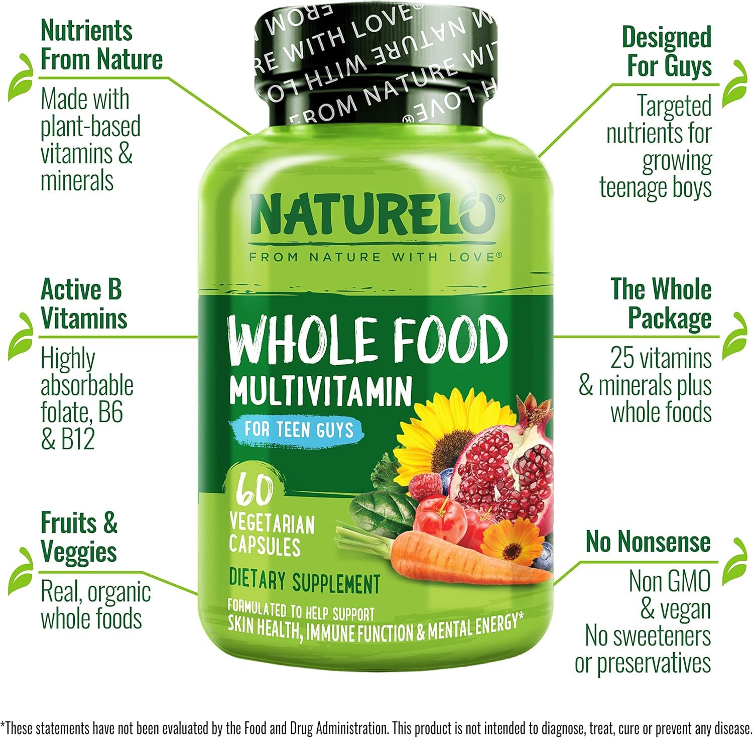 NATURELO Whole Food Multivitamin for Teenage Boys - Vitamins and Minerals Supplement for Active Kids - with Plant Extracts - Non-GMO - Vegan & Vegetarian - 60 Capsules