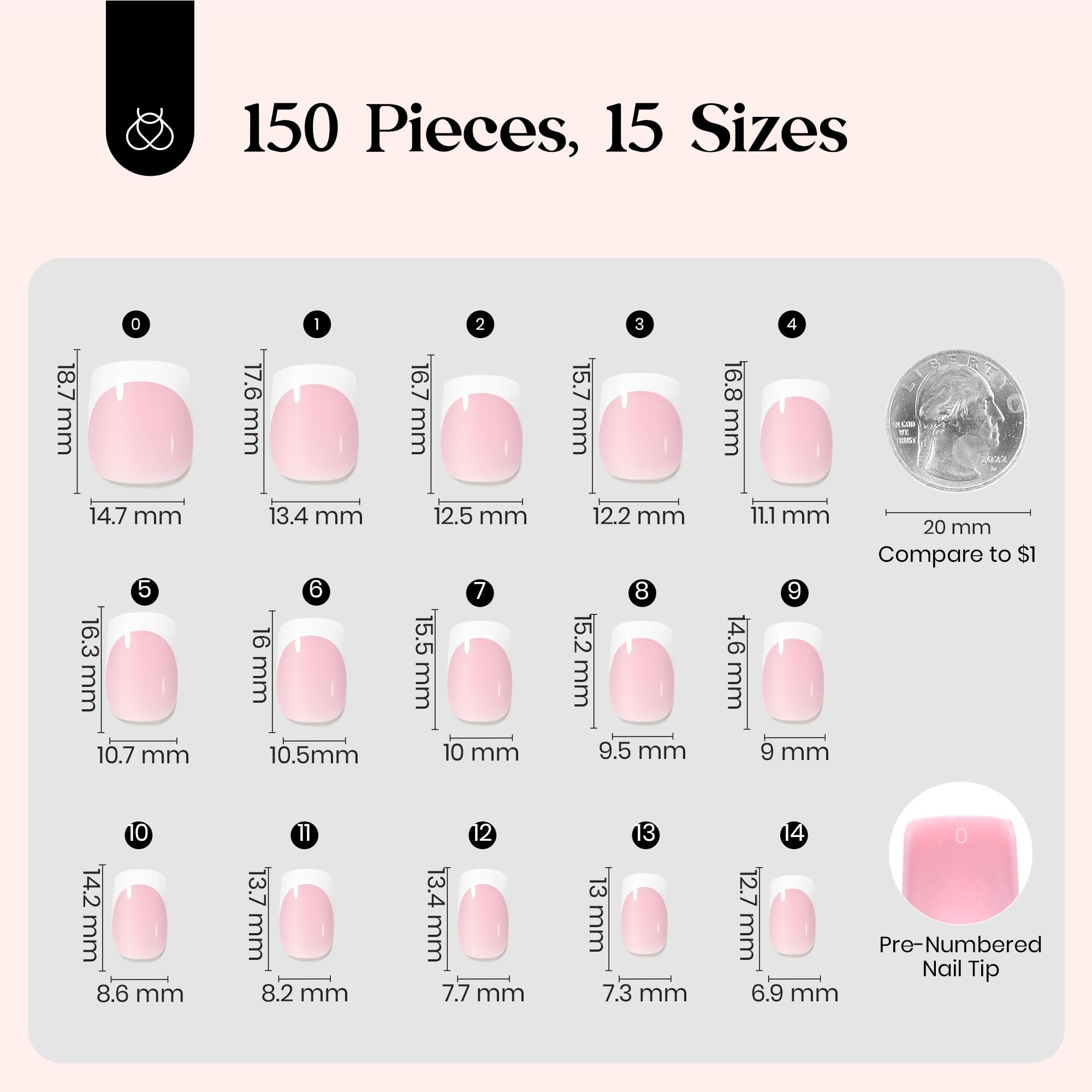 Beetles French Tip Press On Nails: 150 Pcs Pink Short Square Press On Nails 4 in 1 Nail Tips, Pre-Applied Primer & Base Coat, No File Need DIY Manicure for Nail Extension Gifts for Women