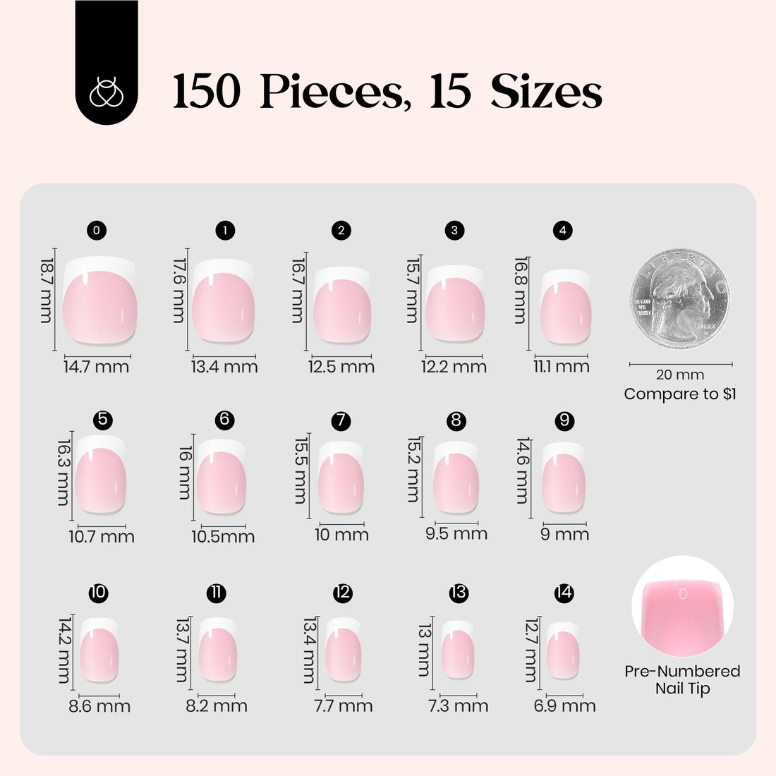 Beetles French Tip Press On Nails: 150 Pcs Pink Short Square Press On Nails 4 in 1 Nail Tips, Pre-Applied Primer & Base Coat, No File Need DIY Manicure for Nail Extension Gifts for Women