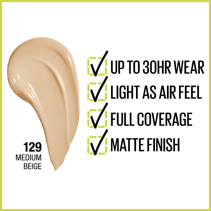 Maybelline Super Stay Full Coverage Liquid Foundation Active Wear Makeup, Up to 30Hr Wear, Transfer, Sweat & Water Resistant, Matte Finish, Medium Beige, 1 Count