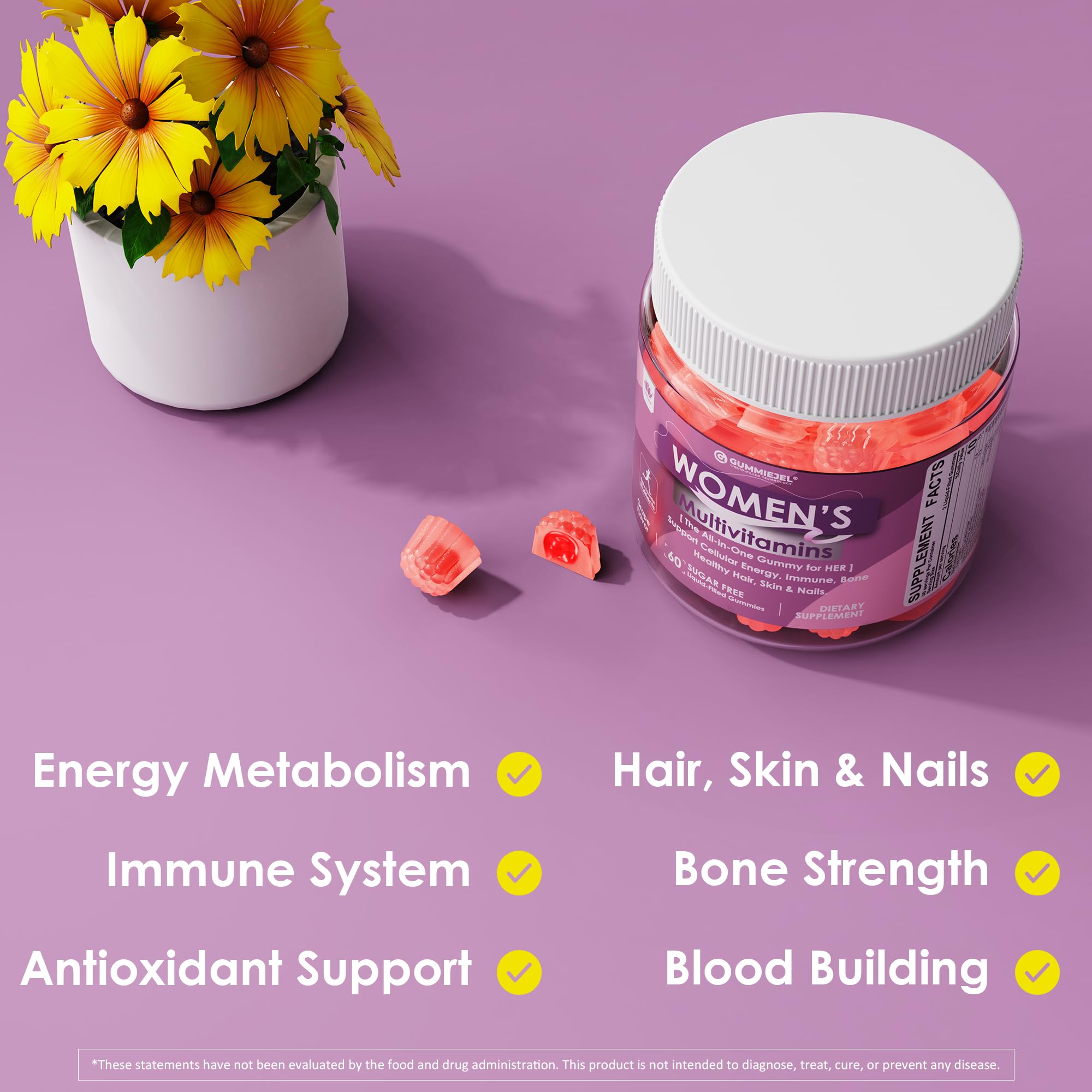 Womens Multivitamin Gummy with Iron, Biotin 2500mcg, Collagen, Keratin, Daily Vitamins A C D E Folate, B Complex, Methylated Multivitamin for Women Support Energy, Beauty, Immune, Sugar Free, 60 Cts