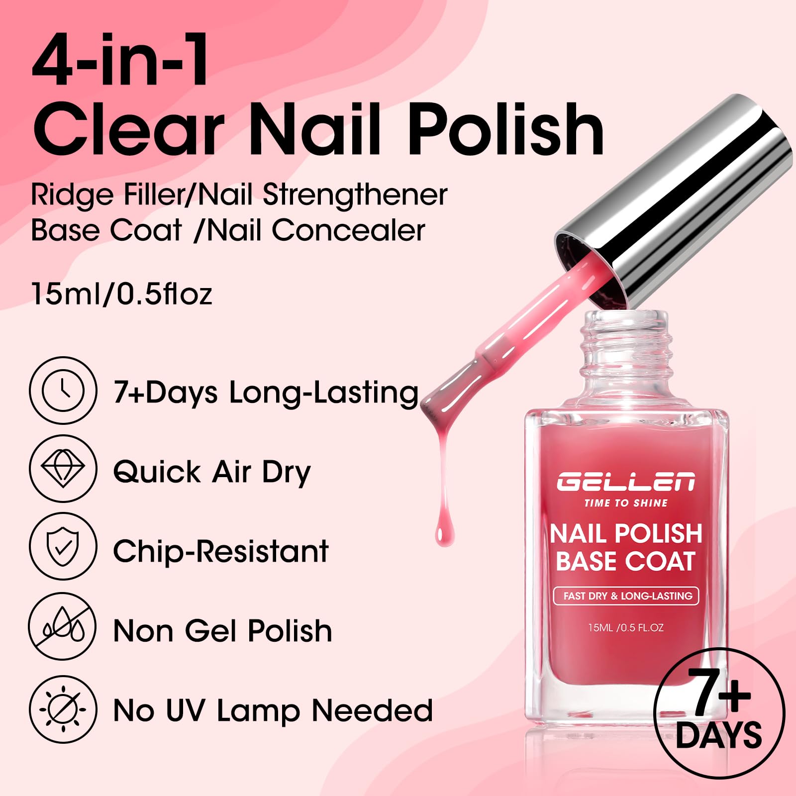 Gellen 4-in-1 Clear Nail Polish Base Coat Sheer Tinted Red, Ridge Filler, Nail Strengthener & Concealer, Calcium Formula Strengthens Nails, Natural Color Enhances Natural Look, No HEMA, Anti-yellowing