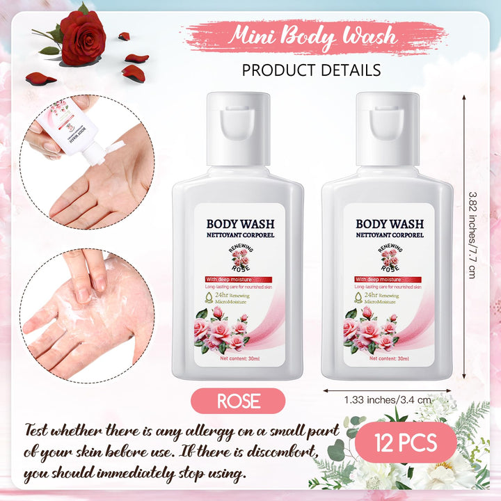 Swiffen 12 Pack Travel Size Body Wash Bulk 1 oz Mini Moisturizing Body Wash for Women Men Coworker Birthday Christmas Mothers Day Teacher Nurse Gift (Rose)