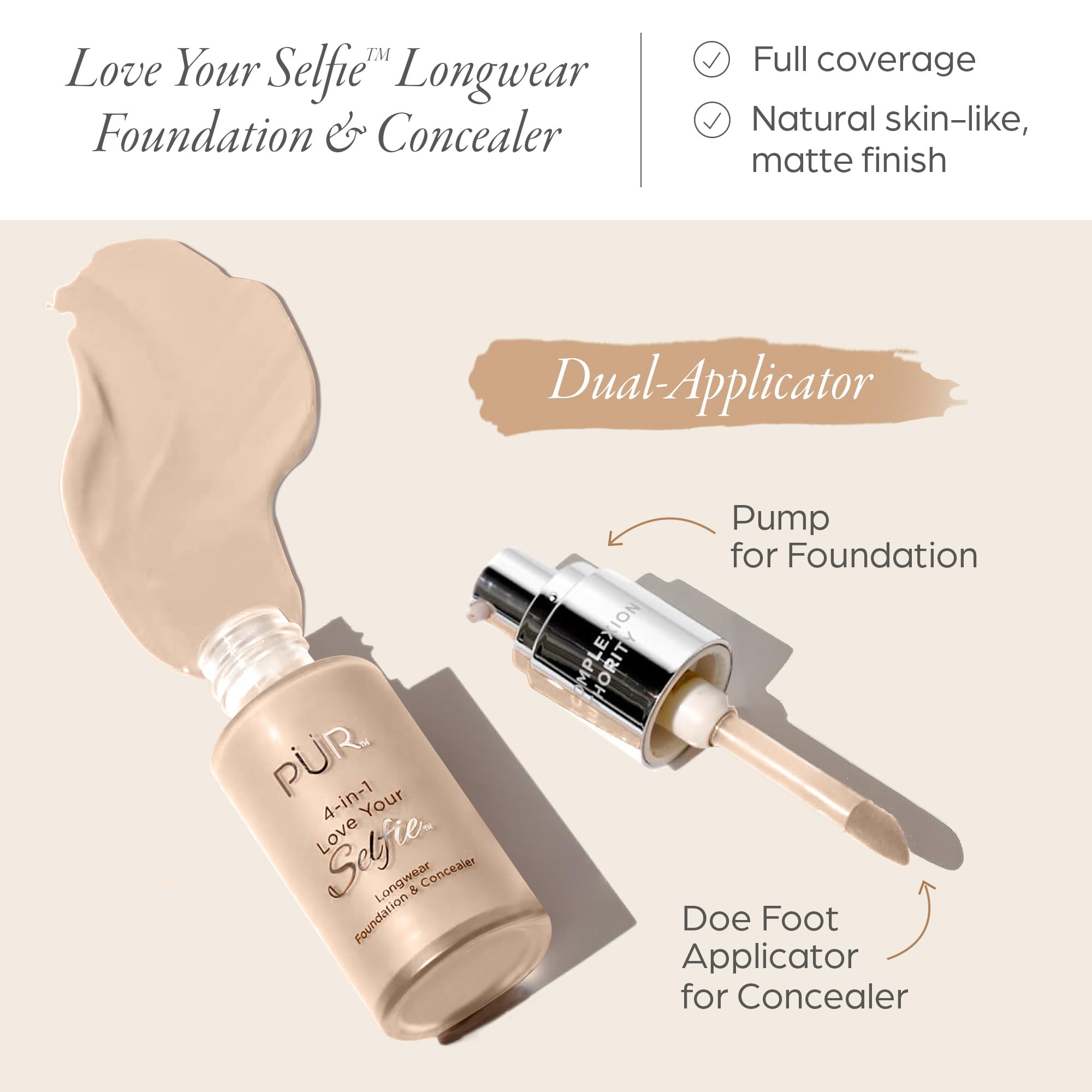 PÜR MINERALS 4-in-1 Love Your Selfie Longwear Foundation & Concealer, Full Coverage Liquid Foundation, Hydrating Formula, Cruelty Free