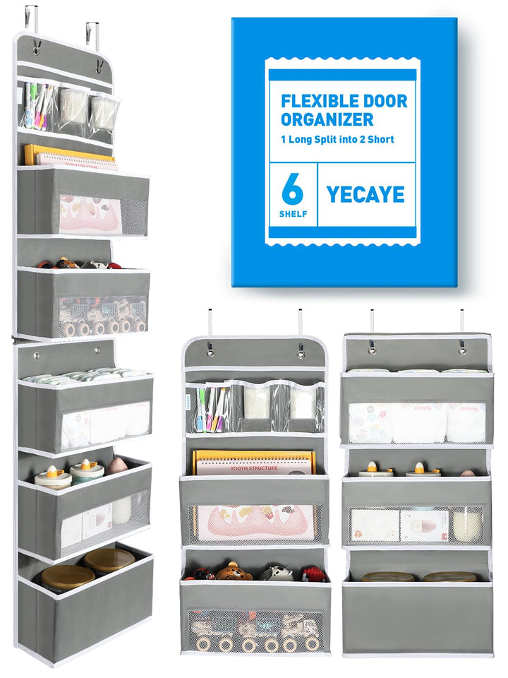 Yecaye 6-Tier Over the Door Storage Organizer, Flexible 1 Split into 2 Swing-proof Hanging Bathroom Storage Organization, Bedroom Organizer and Storage for Newborn Baby Essentials, Grey