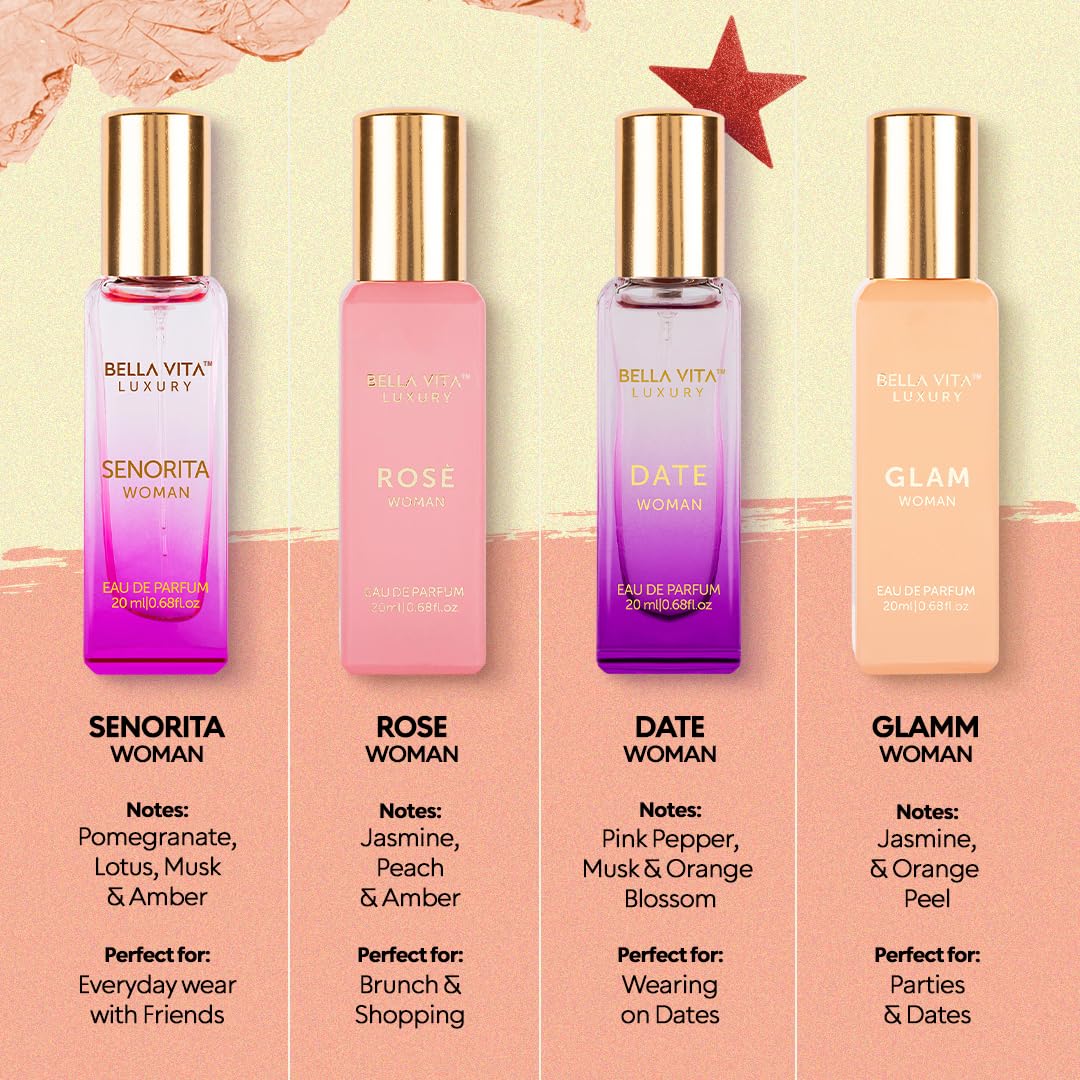 BellaVita Luxury Perfumes for Women Set (4x20ml) | Woman Perfume with DATE, SENORITA, GLAM & ROSE | Vanilla Perfume with Floral Sweet & Musk | Arabian Perfume for Women | Cologne & Perfume Gift Set