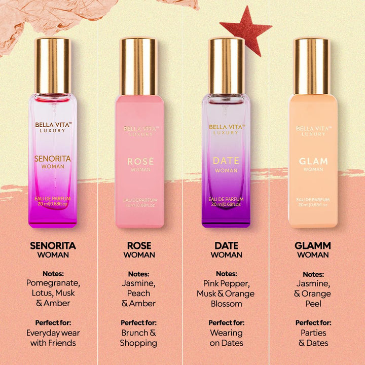 BellaVita Luxury Perfumes for Women Set (4x20ml) | Woman Perfume with DATE, SENORITA, GLAM & ROSE | Vanilla Perfume with Floral Sweet & Musk | Arabian Perfume for Women | Cologne & Perfume Gift Set
