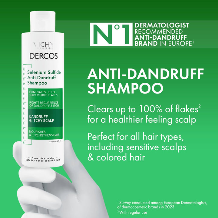 Dercos Selenium Sulfide Anti Dandruff Shampoo, Eliminates Flakes & Fights Recurring Dandruff & Itchy Scalp, Color Safe Shampoo, 2X Less Breakage, Suitable For All Hair Types, 6.76 Fl. Oz.