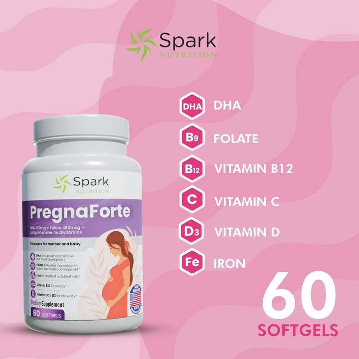 Pregnaforte 1 a day Prenatal vitamins for women 2 month: Folic acid, Fish Oil Omega 3 DHA/EPA, Vitamin D3, B6, Vitmain B12, C, E, Calcium, Iron, Magnesium, Zinc supplement FSA HSA eligble multivitamin