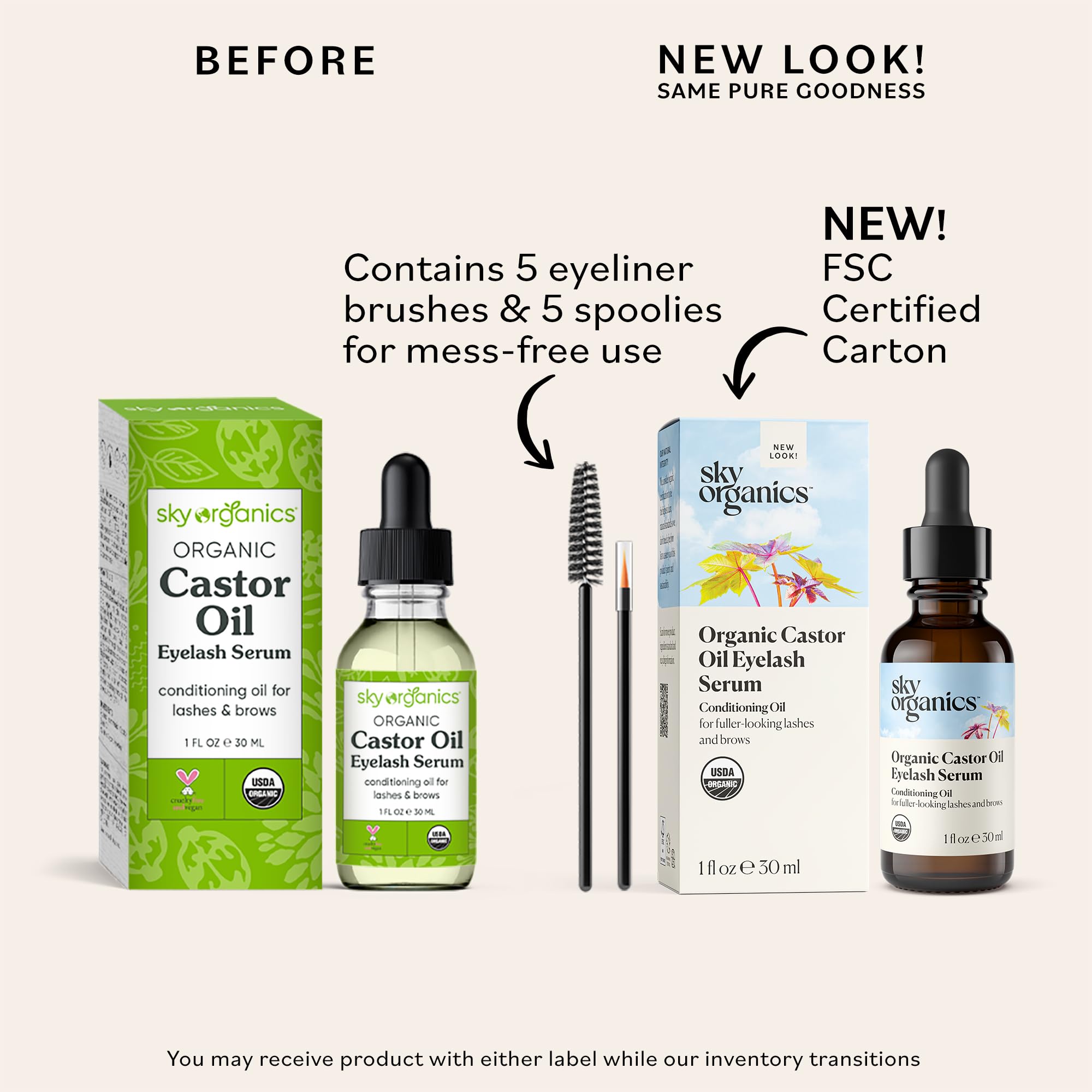 Organic Castor Oil By Sky Organics, Cold-Pressed, 100% Pure, Hexane-Free Castor Oil - Dry Skin, Hair Growth, Eyelashes growth and eyebrows growth- Caster Oil Lash Enhancer with Mascara Brushes (30ml)