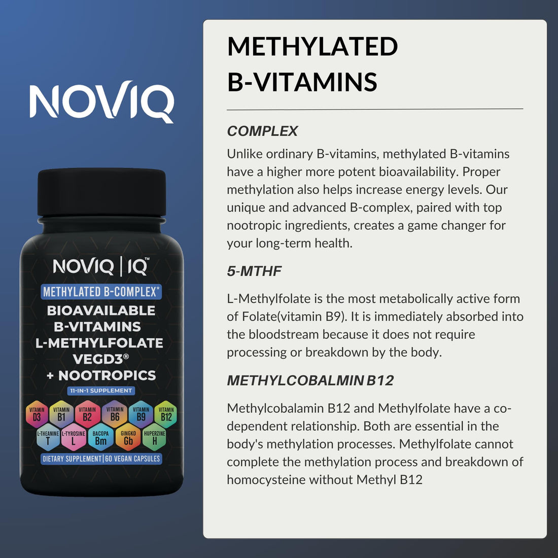 NOVIQ 11-in-1 Methylated B-Complex Supplement: 680mcg L-Methylfolate(5-MTHF) Thiamine(B1) Riboflavin(B2) Pyridoxal(B6) Methylcobalamin(B12) - VegD3® + Nootropics - 1,100mg+ Serving - 60 Count