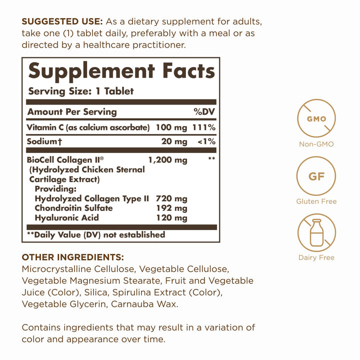 SOLGAR Collagen Hyaluronic Acid Complex - 30 Tablets - with Hydrolyzed Collagen Type 2 & Chondroitin - Non-GMO, Gluten & Dairy Free - 30 Servings