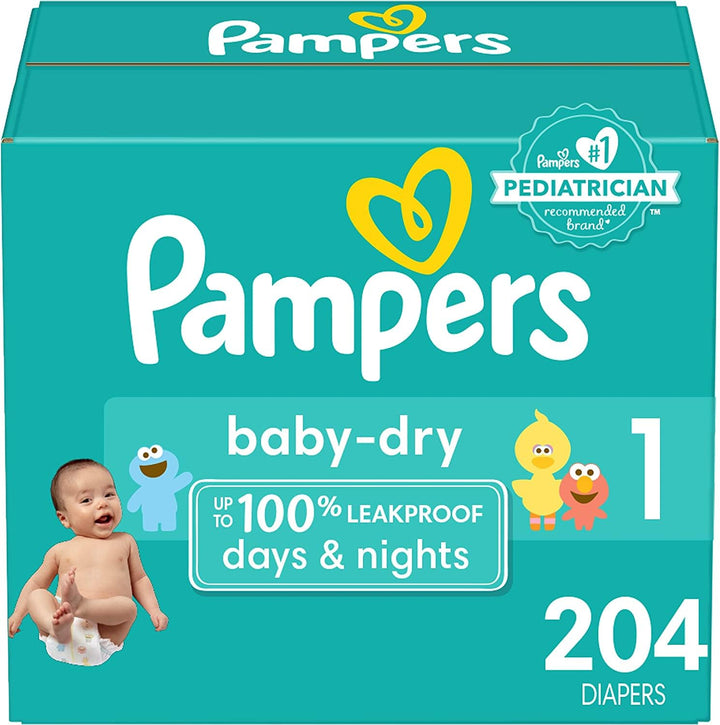 Diapers Size 1, 204 Count - Pampers Baby Dry Disposable Baby Diapers, Enormous Pack, Packaging & Prints May Vary