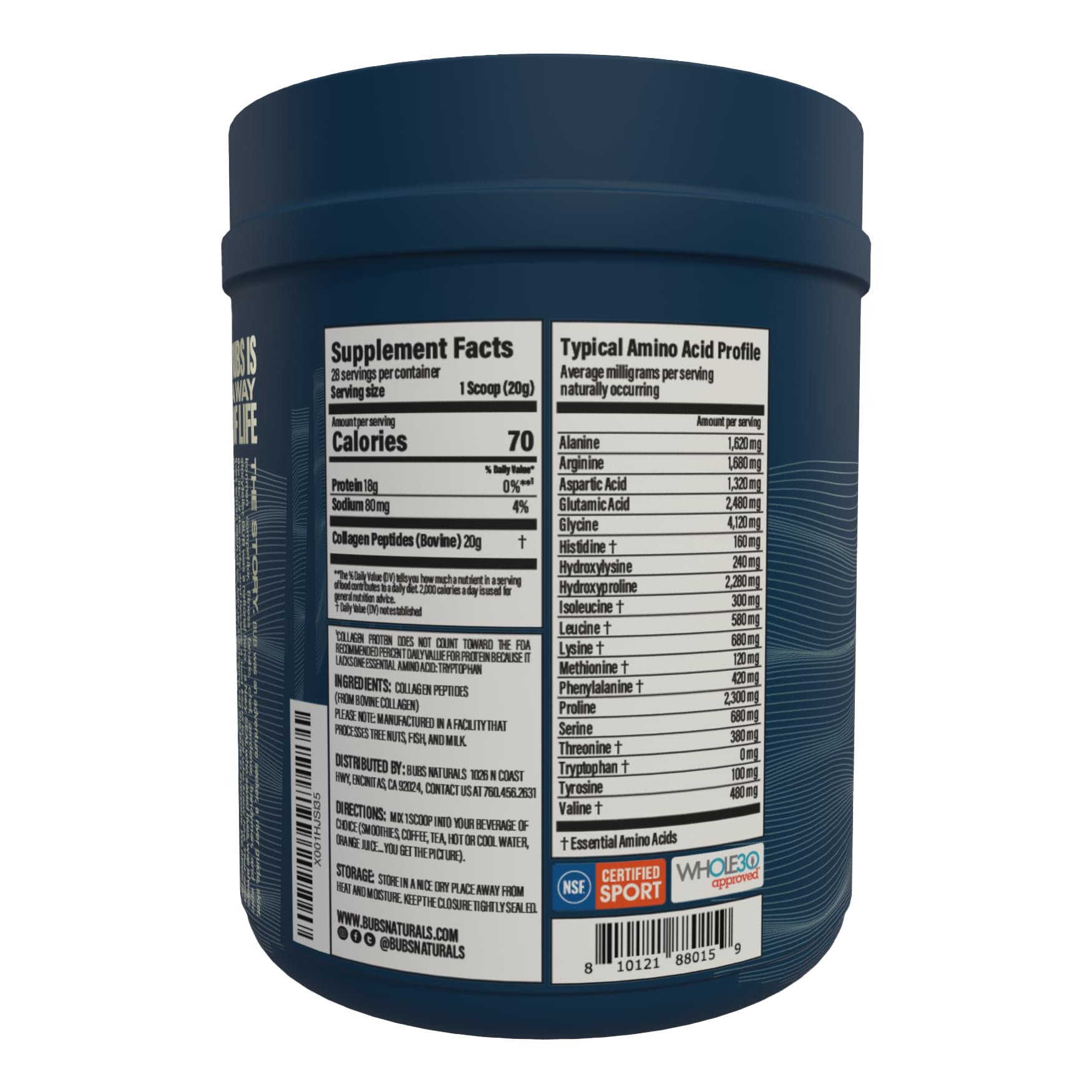 BUBS Naturals Unflavored Collagen Peptides Powder - Best Proteins for Joints & Skin - Pasture Raised Grass Fed - Paleo Keto Friendly, Whole30 Approved, Non-GMO Dairy & Gluten Free (20oz) 28 Servings