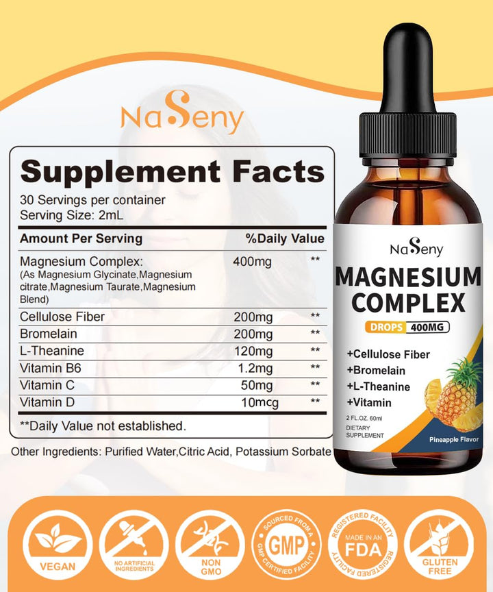 Liquid Magnesium Glycinate - 400mg Magnesium Complex Drops Easier to Swallow Than Pills,Daily Supplements with VitaminB C D for Bone Health,Relaxtion and Sleep (2 Fl Oz/1PCS)