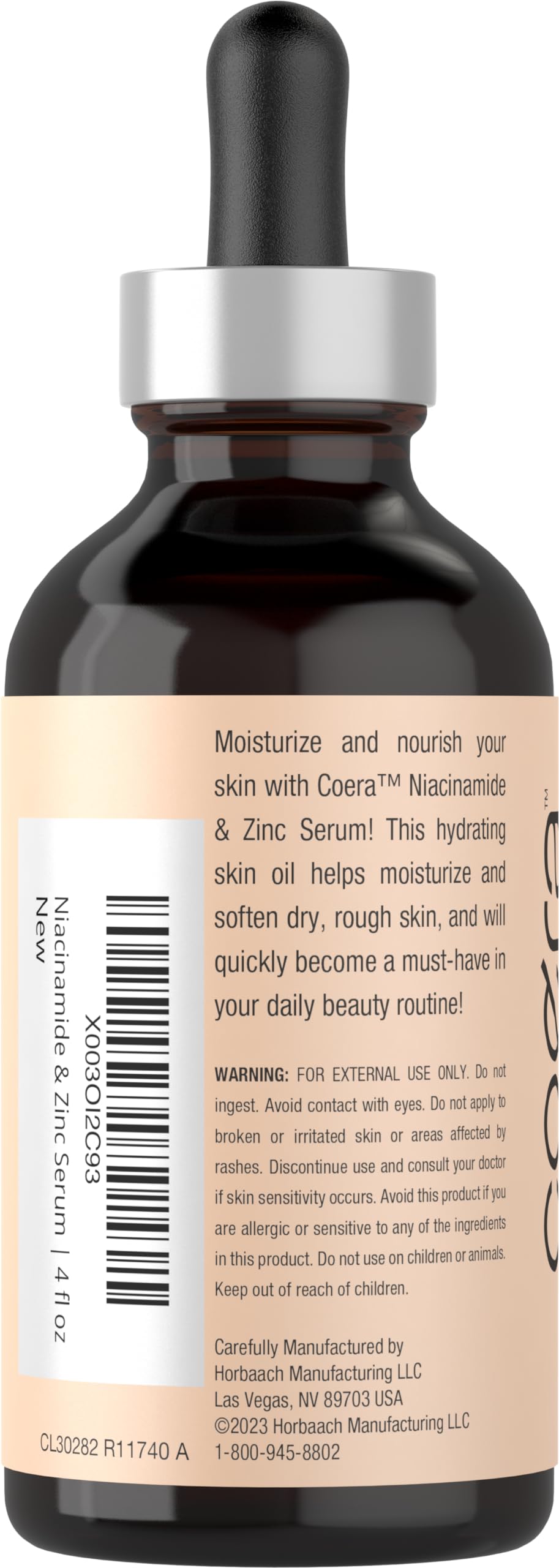 Coera Niacinamide Serum with Zinc | 4 fl oz | Moisturizer for Face and Skin | with Hyaluronic Acid | Professional Strength Formula | Free of Parabens, SLS & Fragrances | Packaging May Vary