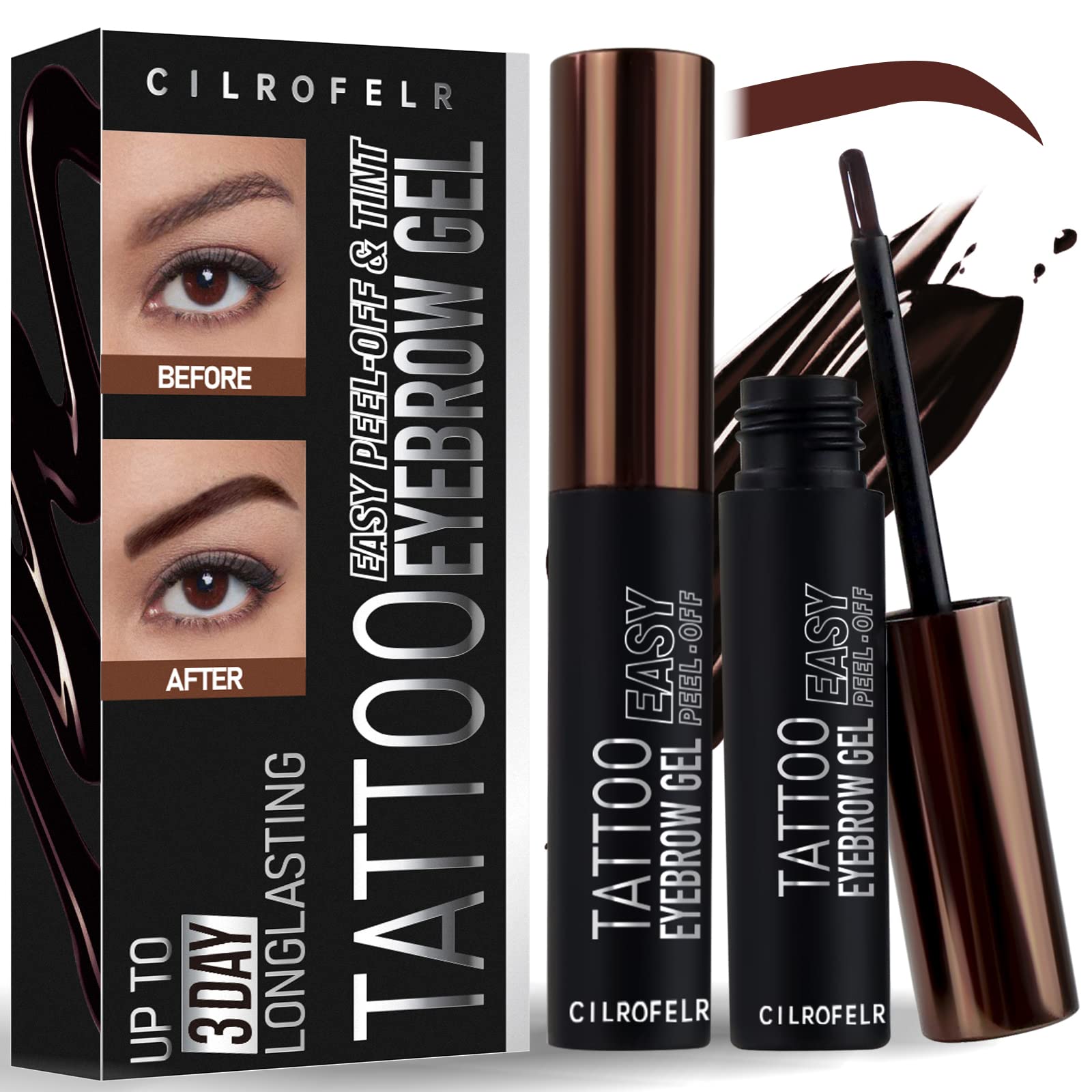 Cilrofelr Tattoo Peel Off Eyebrow Gel, Easy Tattoo Brow Peel Off Gel, Last Up to 3 Days, Waterproof, Transfer-proof, For Fuller & Defined Looking Brows, Warm Brown (2 Pack)