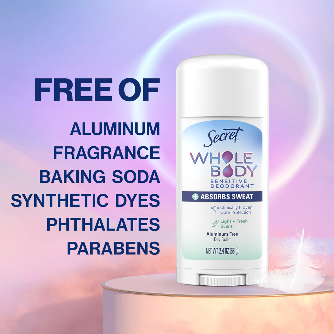 Secret Whole Body Deodorant Dry Feel Stick + Absorbs Sweat for Women, Naturally Derived Ingredients, Light & Fresh Scent, Aluminum Free Deodorant Stick, 72 HR Odor Protection, 2.4 oz