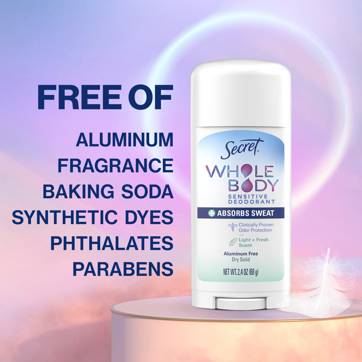 Secret Whole Body Deodorant Dry Feel Stick + Absorbs Sweat for Women, Naturally Derived Ingredients, Light & Fresh Scent, Aluminum Free Deodorant Stick, 72 HR Odor Protection, 2.4 oz