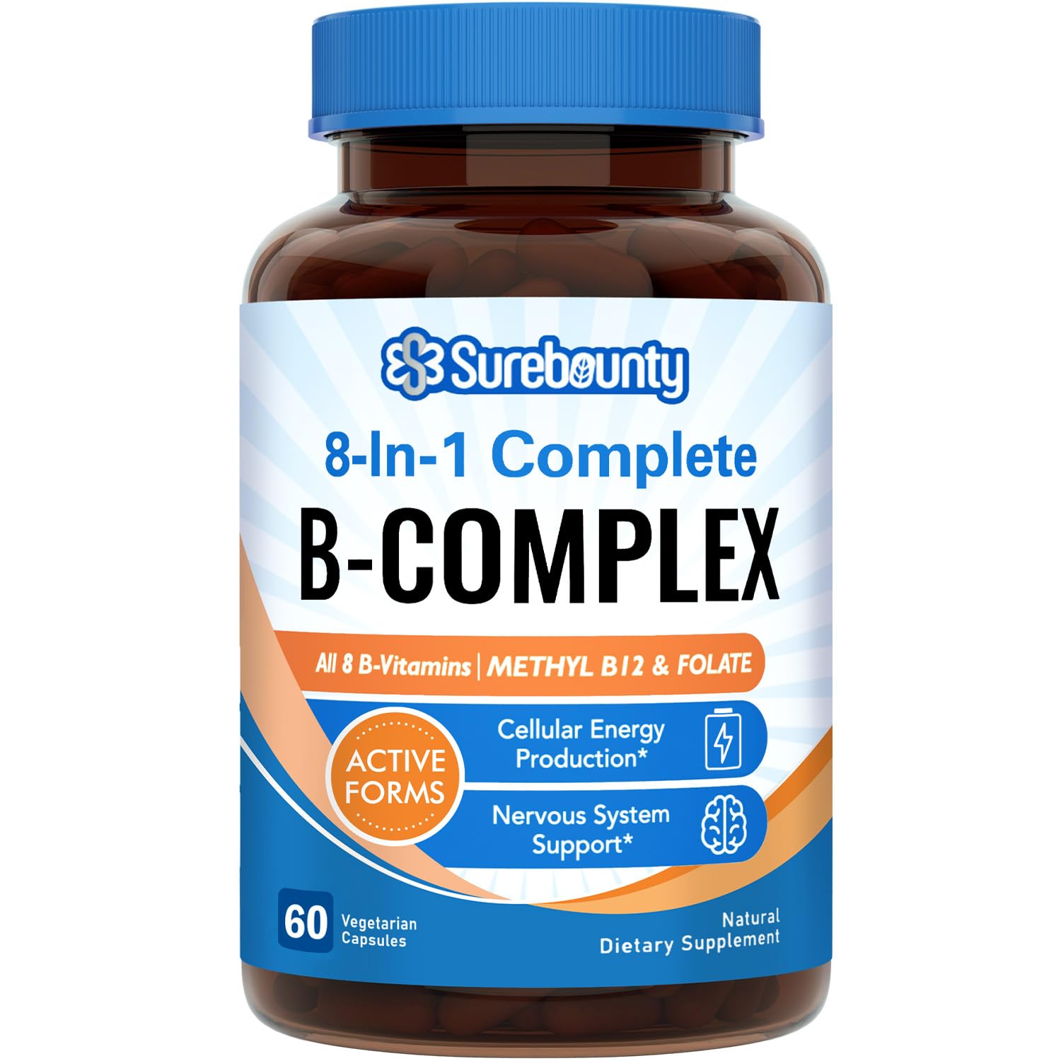 Surebounty 8-in-1 Vitamin B Complex Capsules for Women & Men, Super B Complex Vitamins, B12, B1, B2, B3, B5, B6, B9, Biotin, Folate, Methylated Forms, Energy, Nerve, Blood Support, 60 Caps