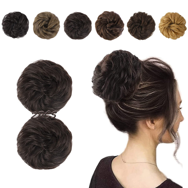 2PCS Messy Bun Hair Piece 100% Human Hair Scrunchies Buns Hair Pieces for Women Curly Wavy Black Bun Elegant Chignons Wedding (2PCS Human Hair, Brown Black)