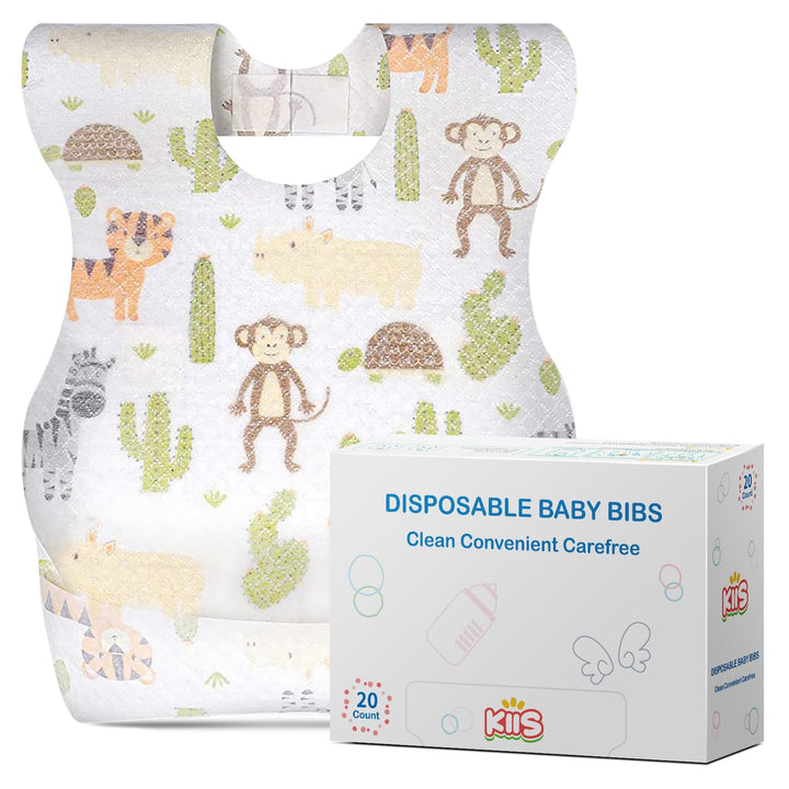 KIIS Disposable Baby Bibs for Baby Boys and Girls - Individually Packaged - Hygienic, Soft and Leakproof (20 PCS) (Animal)
