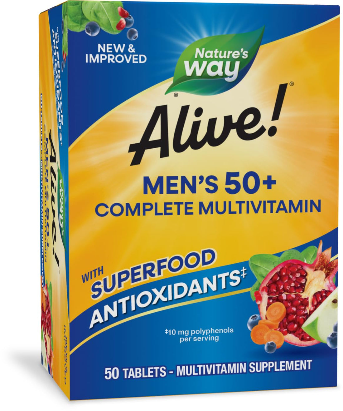 Nature’s Way Alive! Men’s 50+ Complete Multivitamin, Supports Healthy Brain, Eyes & Heart*, High Potency B-Vitamins, Gluten-Free, 50 Tablets (Packaging May Vary)
