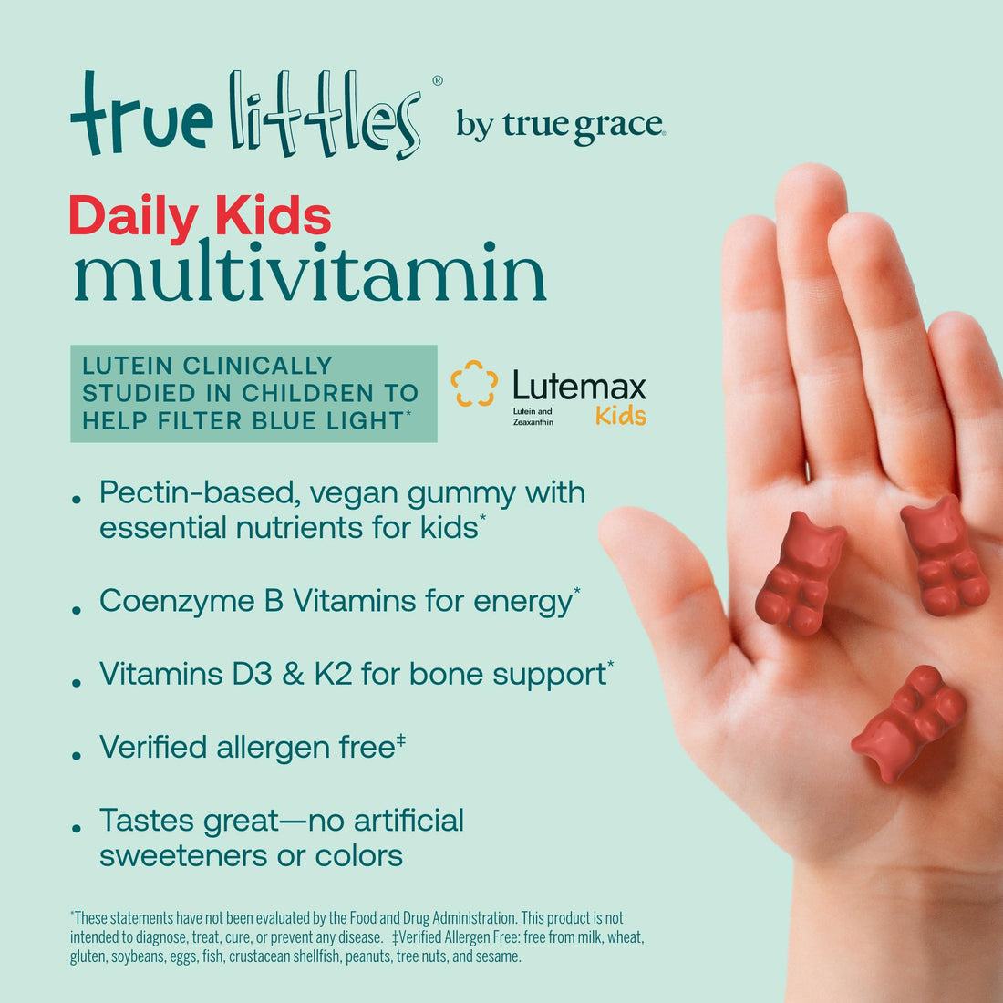 True Grace True Littles Daily Kids Multi - 120 Pectin Gummies - Immune, Cognitive, Bone & Eye Support - Clinically Studied Lutemax Kids Lutein & Vitamin D3 + K2 - Allergen Free & Vegan - 120 Servings