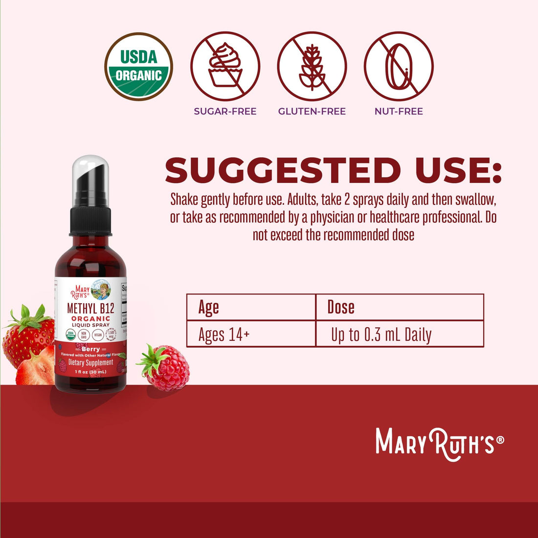 MaryRuth Organics Vitamin B12 Liquid Spray | Vegan, Non-GMO, Gluten-Free | USDA Organic Supplement | Energy & Nervous System Support | B12 Vitamins for Women & Men | 1,500 mcg | 1 Fl Oz