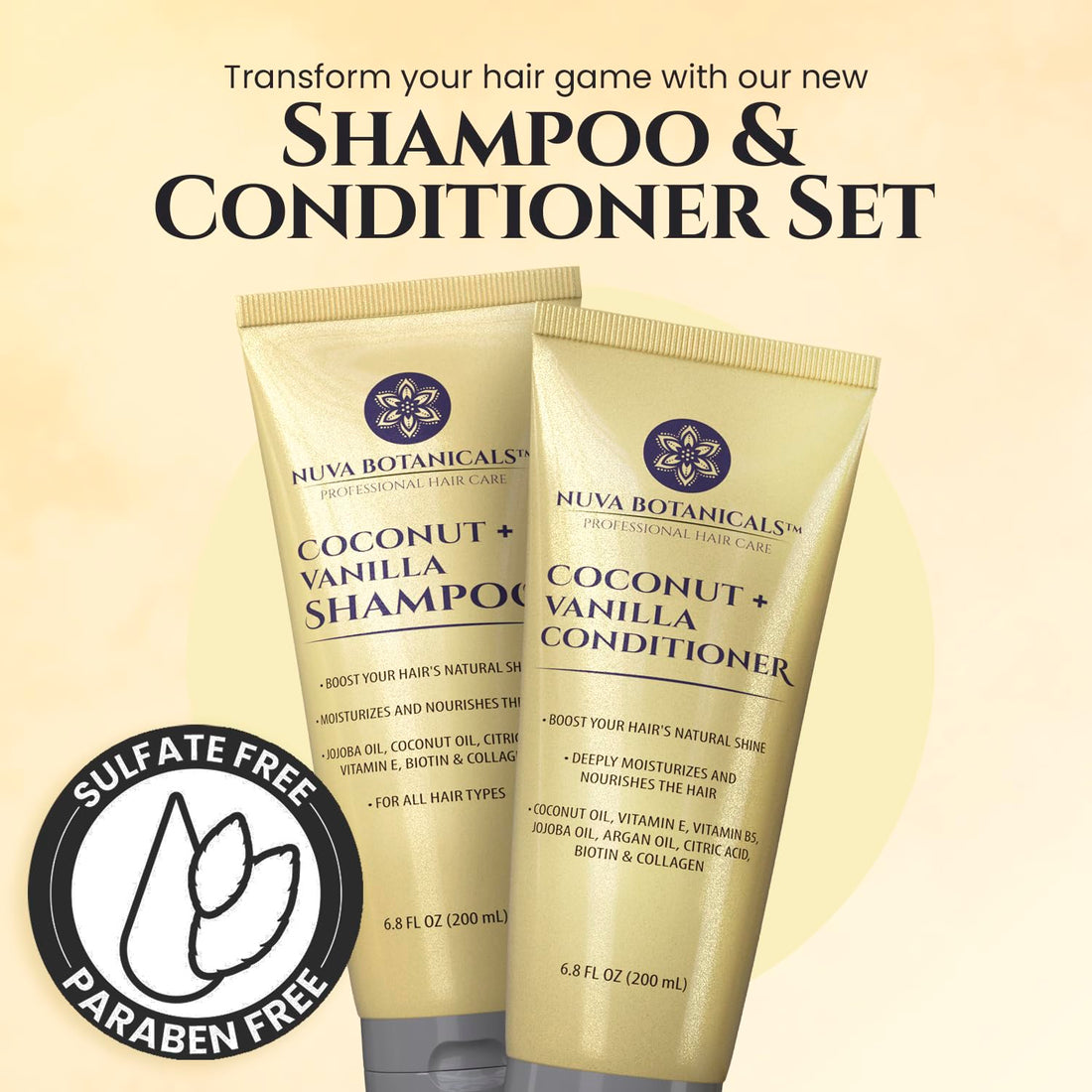 Nuva Botanicals Coconut Shampoo and Conditioner, Vanilla Shampoo and Conditioner with Biotin and Collagen- Moisturizing Shampoo and Conditioner Set with Jojoba Oil, Argan Oil and Vitamin E(6.8oz each)