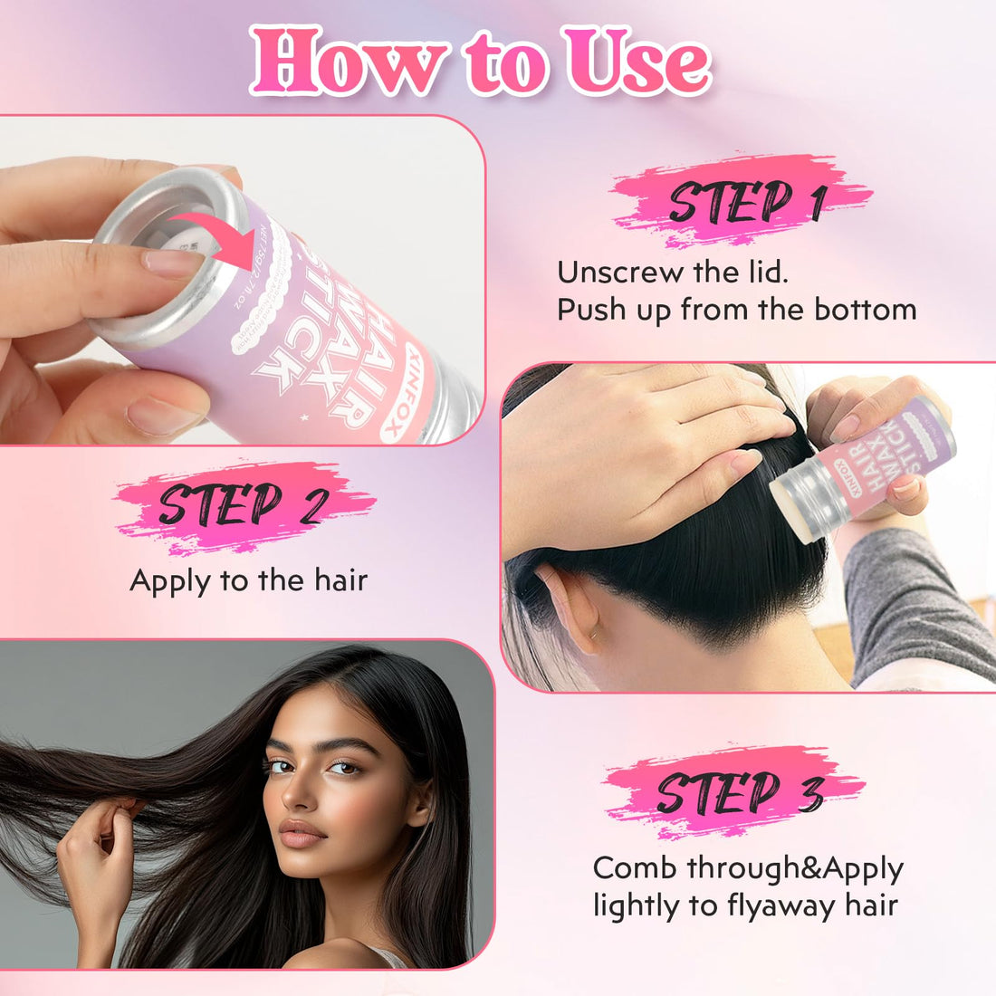 Xinfox Hair Wax Stick, Slick Back Hair Brush, Wax Stick for Flyaways, Rat Tail Comb Edge Brush Styling Tool Set Accessories for Women Girls(Pink)