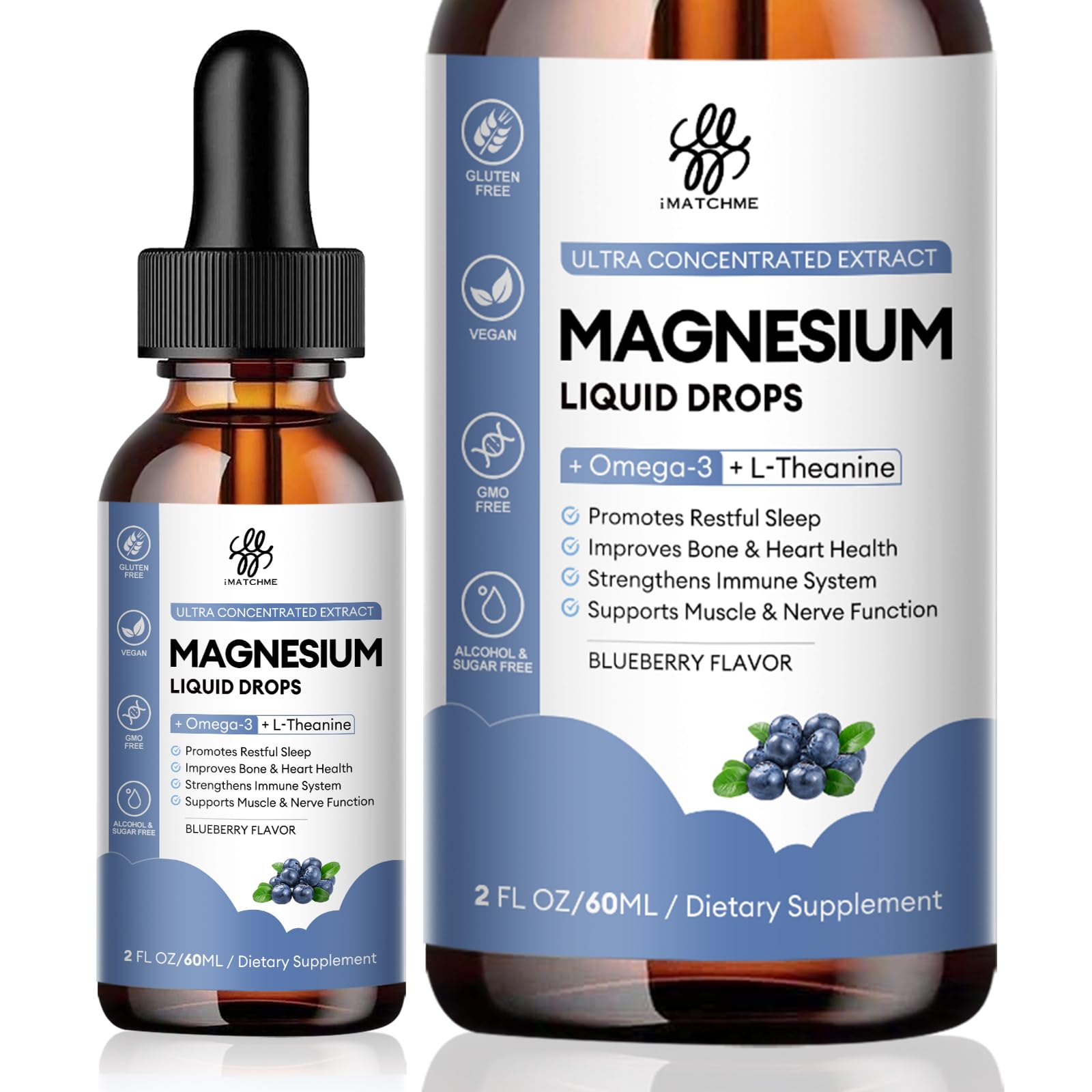 iMATCHME Magnesium Glycinate Liquid, Magnesium Complex Supplement with Omega3, L-Theanine and Vitamin for Calm, Sleep Support, Muscle Relief, Non GMO, Blueberry Flavor, 2 Fl Oz