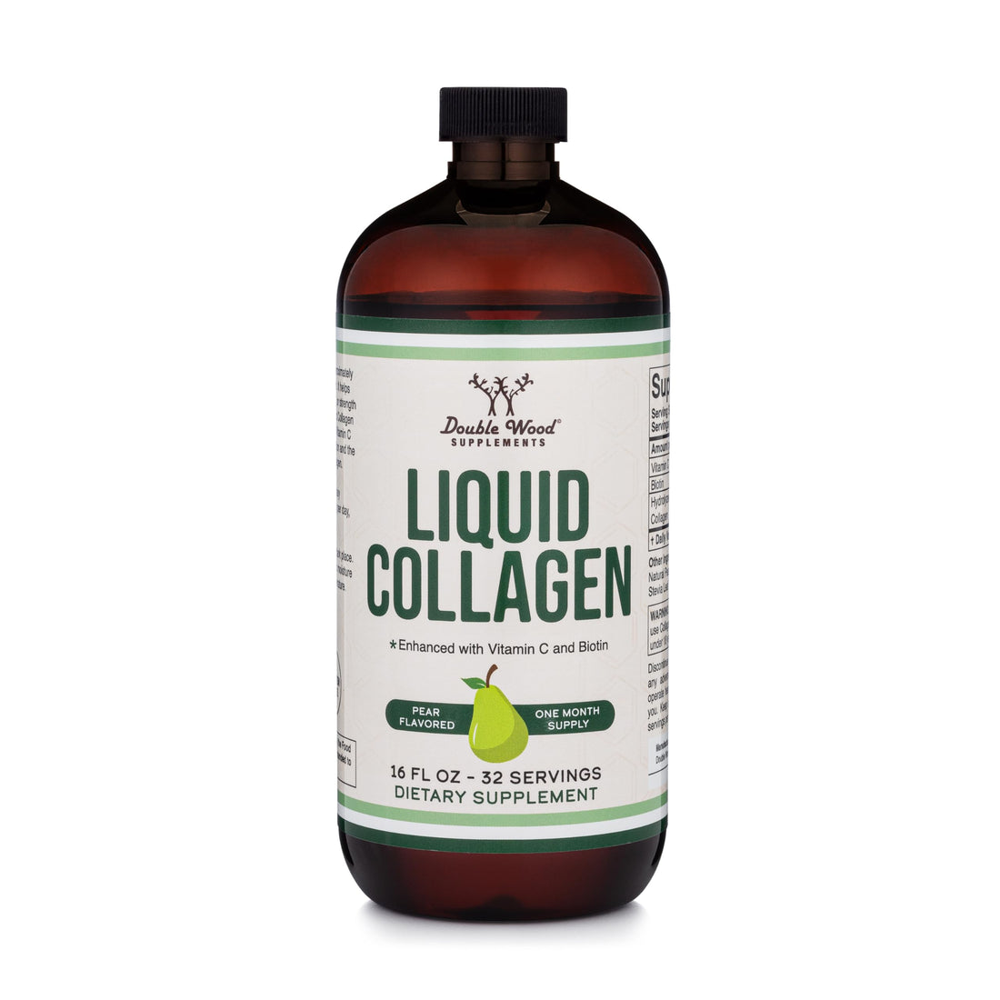 Double Wood Supplements Liquid Collagen - 2500mg of Hydrolyzed Bovine Collagen (Type 1, 3 and Grassfed) - 32 Servings - for Women and Men - 30 mcg of Biotin - Sugar Free Pear Flavor