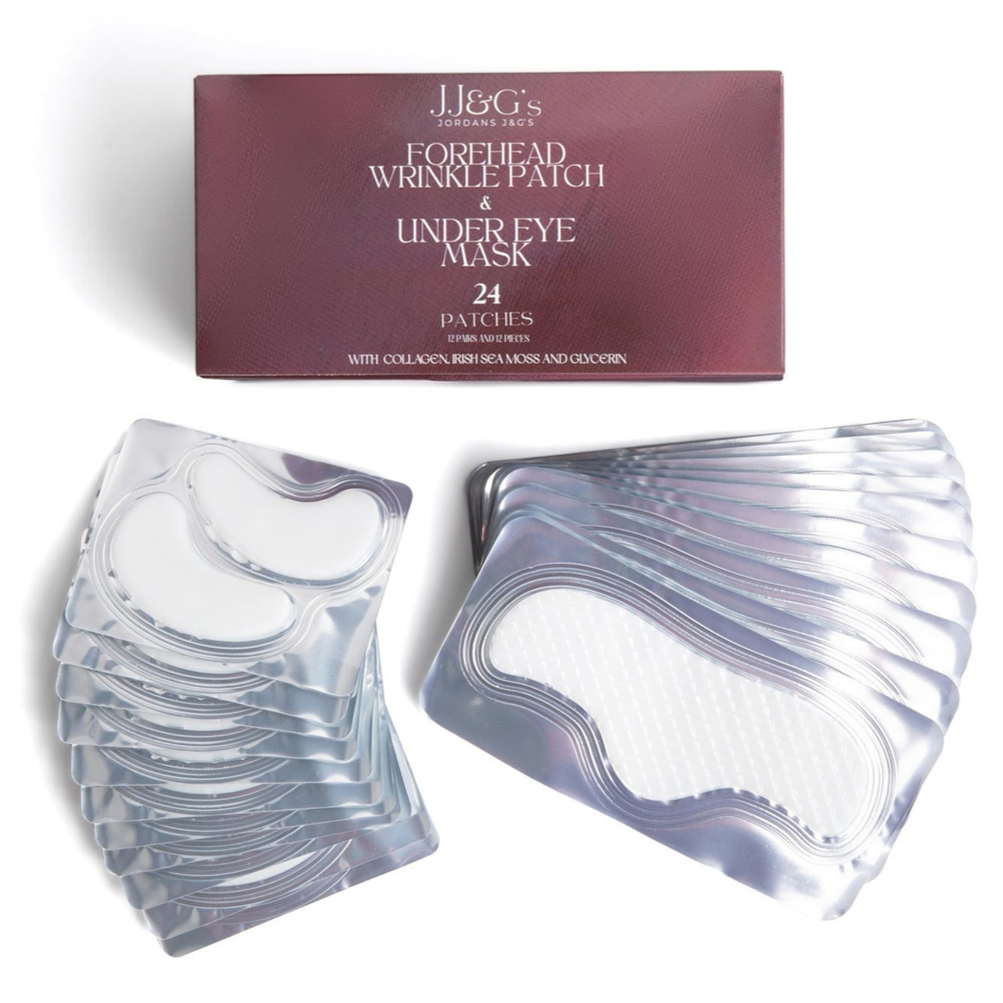 JJ&G's Forehead Wrinkle Patches & Under Eye Mask | Anti Wrinkle Patches Bundle | Collagen Eye Mask For Puffy and Dark Circles | Irish Sea Moss Collagen Glycerin | 36 Pcs (12 Pairs & 12 Pcs)