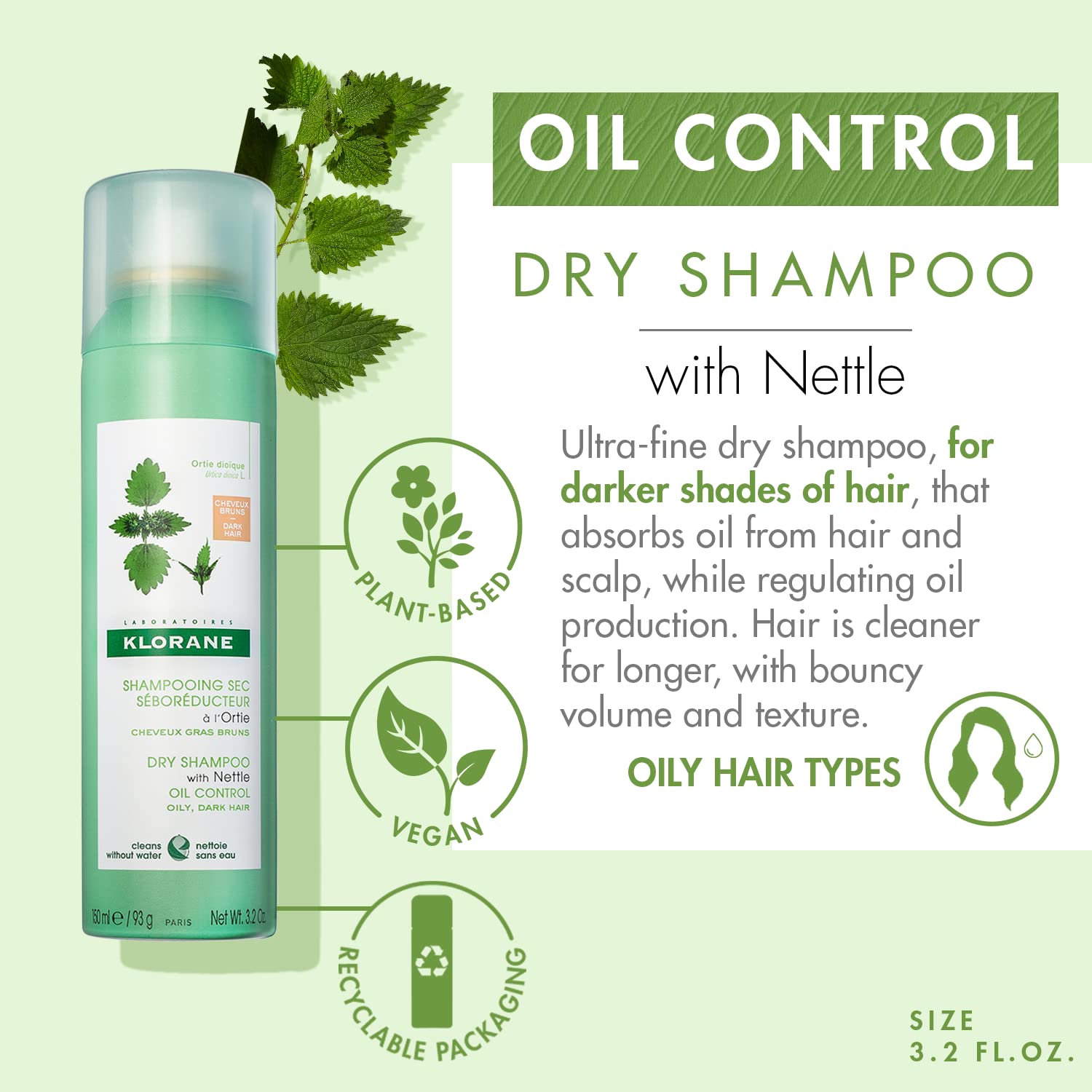 Klorane Dry Shampoo With Nettle and Natural Tint, Nettle for Brunette, Oily Hair and Scalp, Regulates Oil Production, Paraben & Sulfate-Free, 3.2 oz.