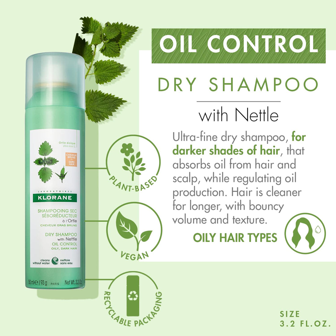 Klorane Dry Shampoo With Nettle and Natural Tint, Nettle for Brunette, Oily Hair and Scalp, Regulates Oil Production, Paraben & Sulfate-Free, 3.2 oz.