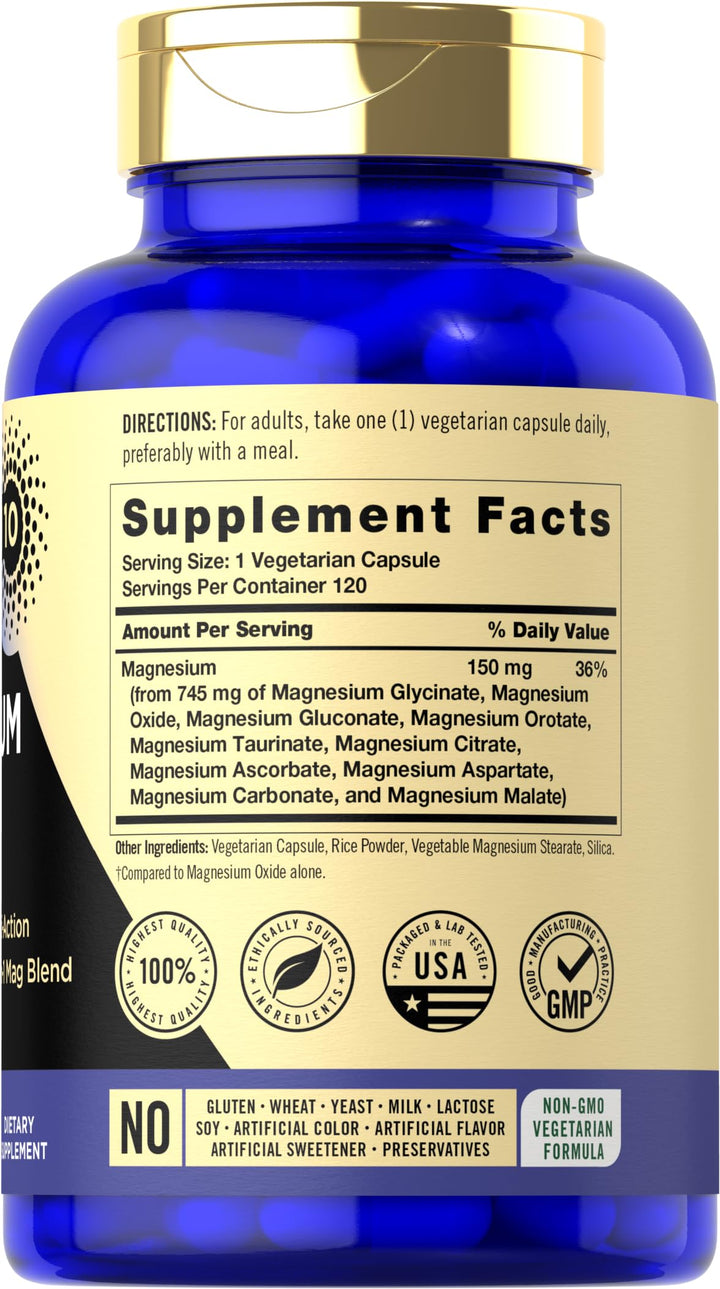 Magfusion-10 Magnesium Complex Supplement 745mg | 120 Capsules | 10 in 1 Blend | Vegetarian, Non-GMO, Gluten Free