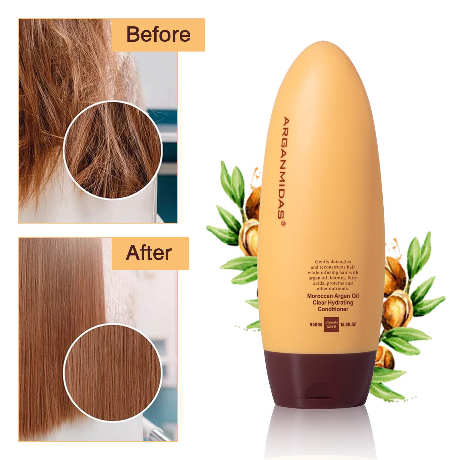 ARGANMIDAS Hair Conditioner, 15.3 Fl Oz Sulfate-Free Conditioner Intensely Smooth and Clear Hydrating Hair Conditioner, Argan Oil Daily Moisture Deep Conditioner for Color Treated Hair, Effectively Re