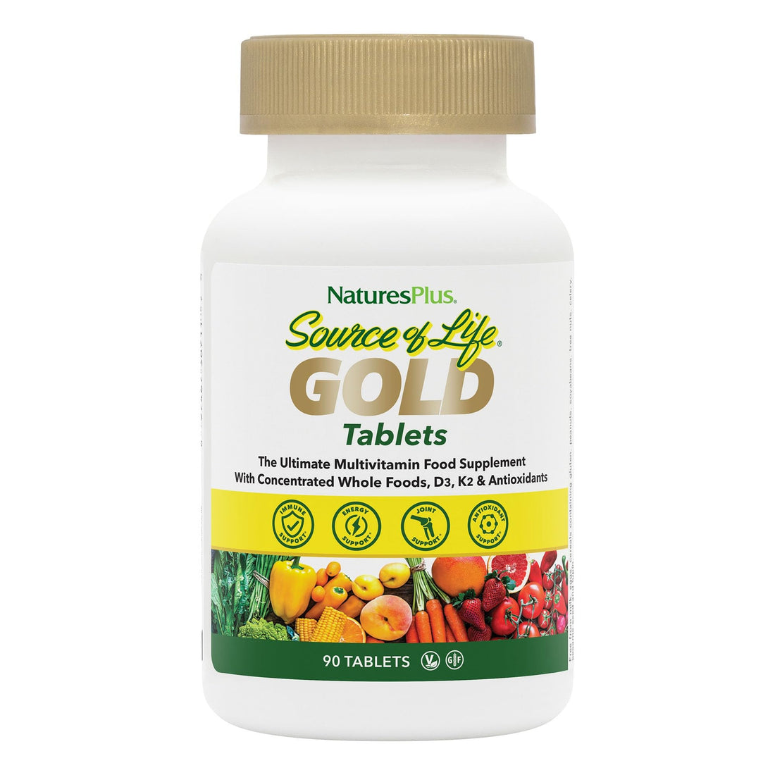 Natures Plus Source of Life Gold Multivitamin - 90 Tablets - with Vitamins D3, B12 & K2 - Blood, Bone & Immune Support - Vegetarian & Gluten Free - 30 Servings