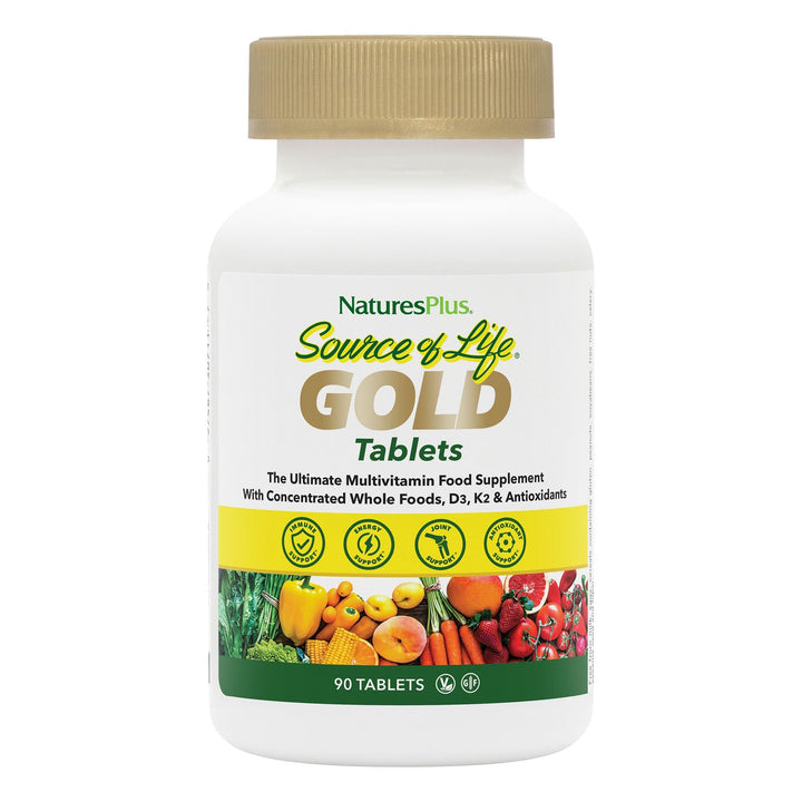 Natures Plus Source of Life Gold Multivitamin - 90 Tablets - with Vitamins D3, B12 & K2 - Blood, Bone & Immune Support - Vegetarian & Gluten Free - 30 Servings