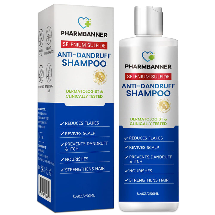 PHARMBANNER Anti-Dandruff Shampoo with Selenium Sulfide: For Flaky Scalp, Itching & Seborrheic Dermatitis Relief - Menthol & Lavender Oil - Moisturizing, Color Safe, Gentle for All Hair Types - 8.4oz
