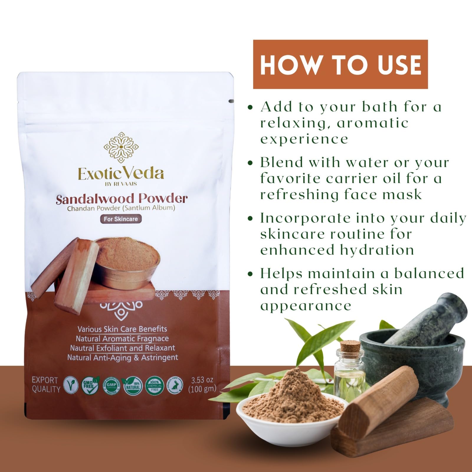 Exotic Veda Pure Sandalwood Powder for Face and Skin | Natural Skincare Chandan Scent Powder | Aromatic Sandalwood.