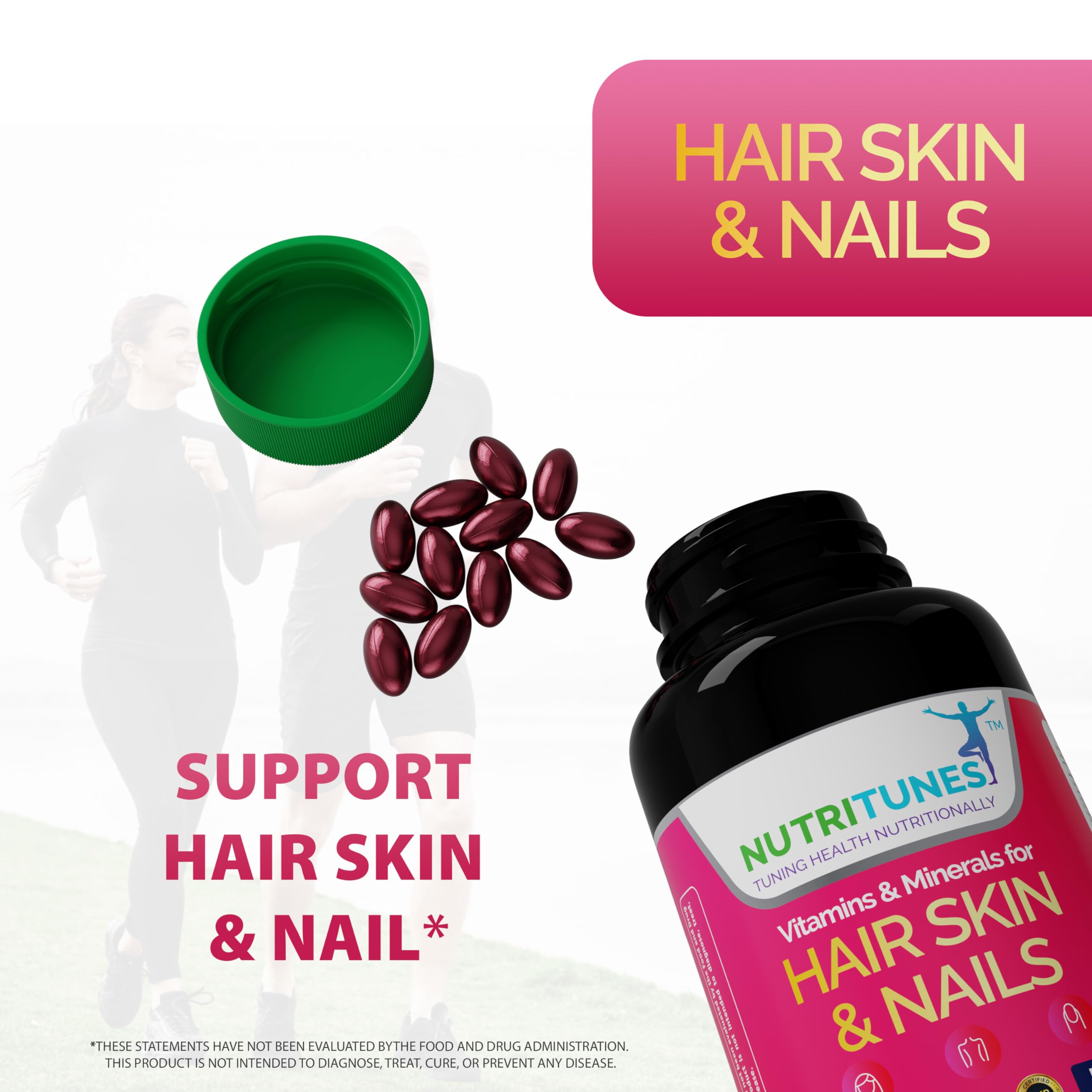 Nutritunes Hair, Skin, & Nails Multivitamins & Minerals - Biotin, Folate, Vitamin C, D3, E B-6 & B-12 Supports Hair, Skin, & Nail Health - Non-GMO, GMP-Certified (120 Softgel Capsules)